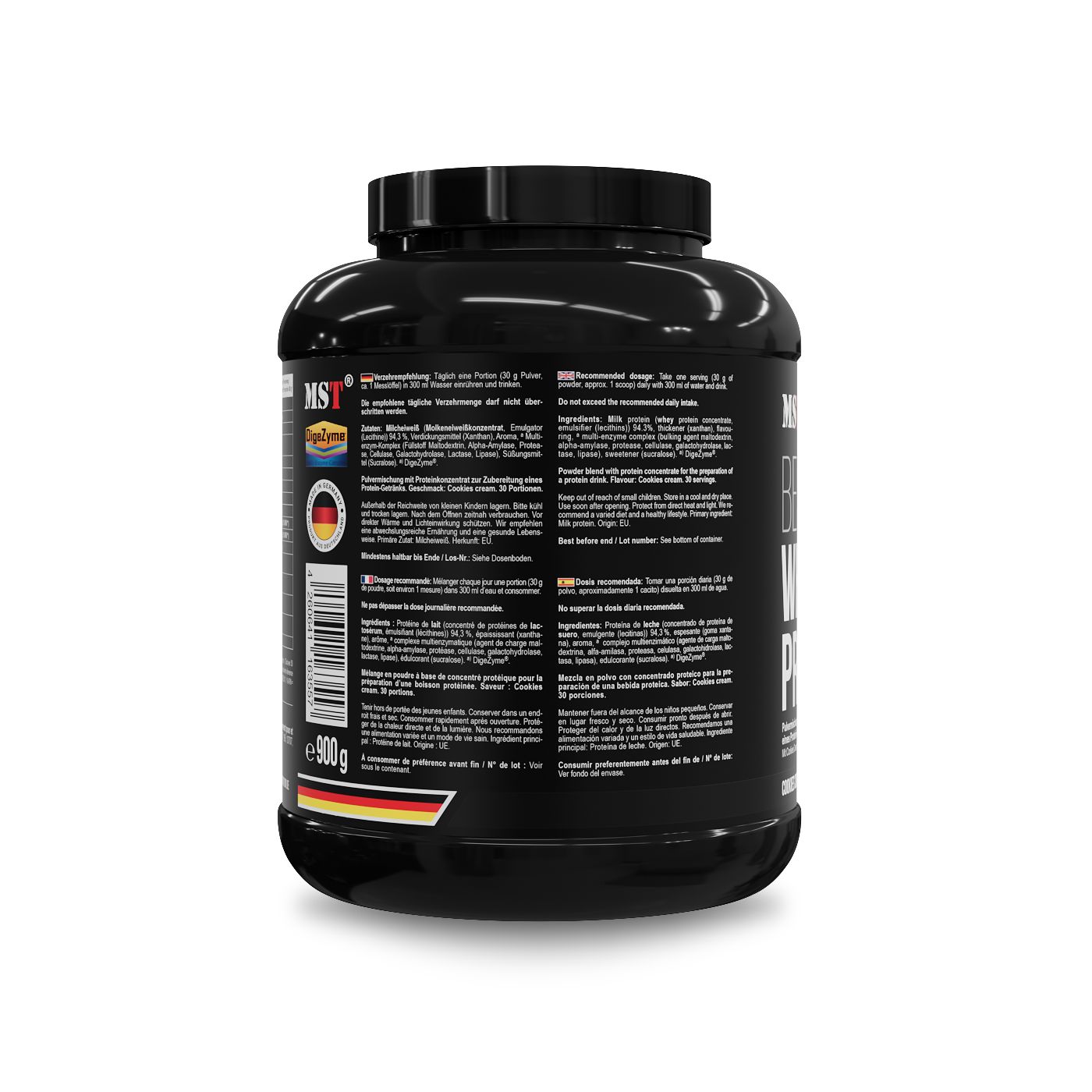 Schwarze Dose mit Nährwertangaben und Text in Deutsch, Englisch, Französisch und Italienisch. 900g.