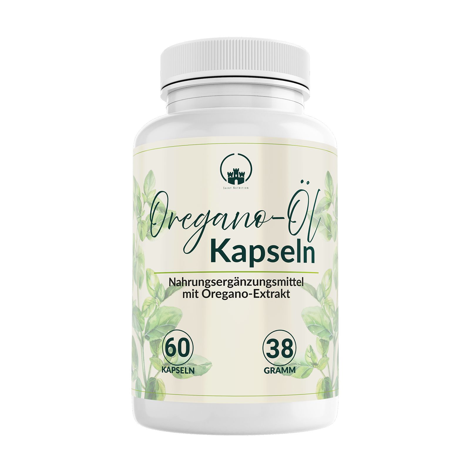 Weiße Flasche mit Kapseln. Text: Oregano-Öl Kapseln, Nahrungsergänzungsmittel mit Oregano-Extrakt, 60 Kapseln, 38 Gramm.