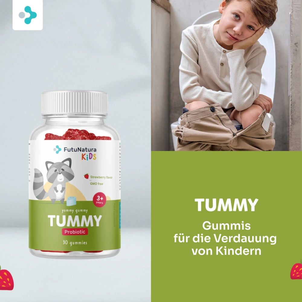 Flasche mit Gummibärchen. Aufschrift: Tummy, Probiotic, 30 gummies. Logo: FutuNatura Kids.