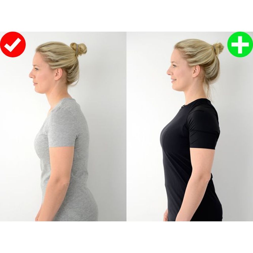 Vergleich von Haltung. Links: schlechte Haltung. Rechts: gute Haltung. Frau trägt schwarzes Shirt.