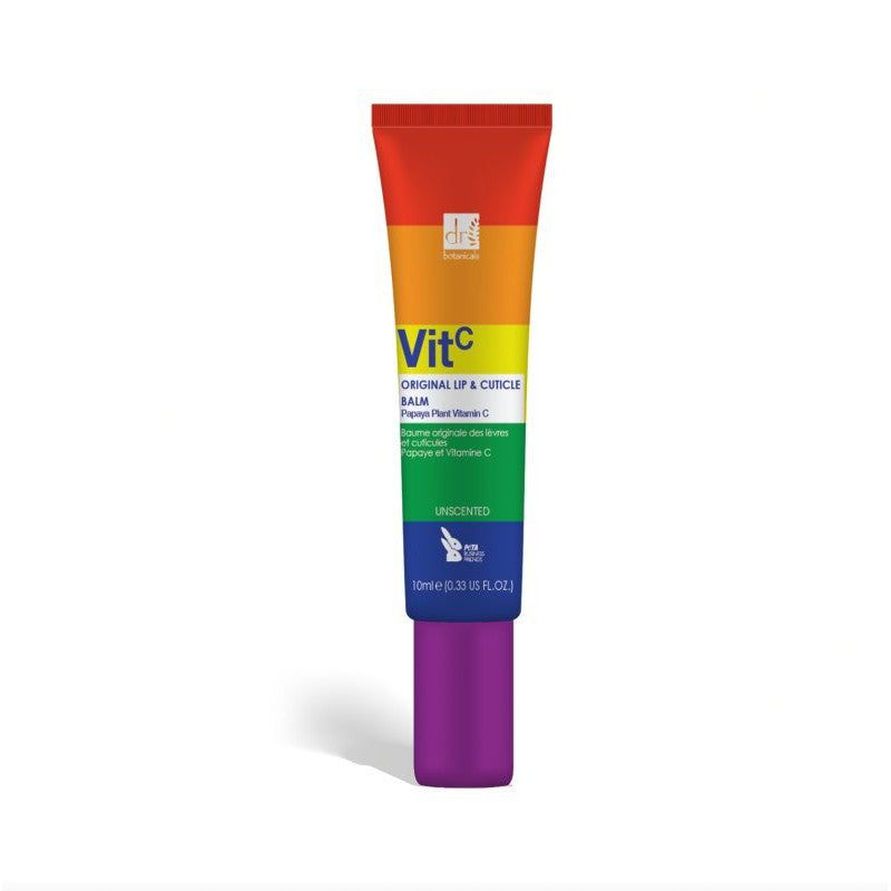 Lippen- und Nagelhautbalsam in einer Tube mit Regenbogenfarben. Produktname und Inhaltsstoffe sind aufgedruckt.