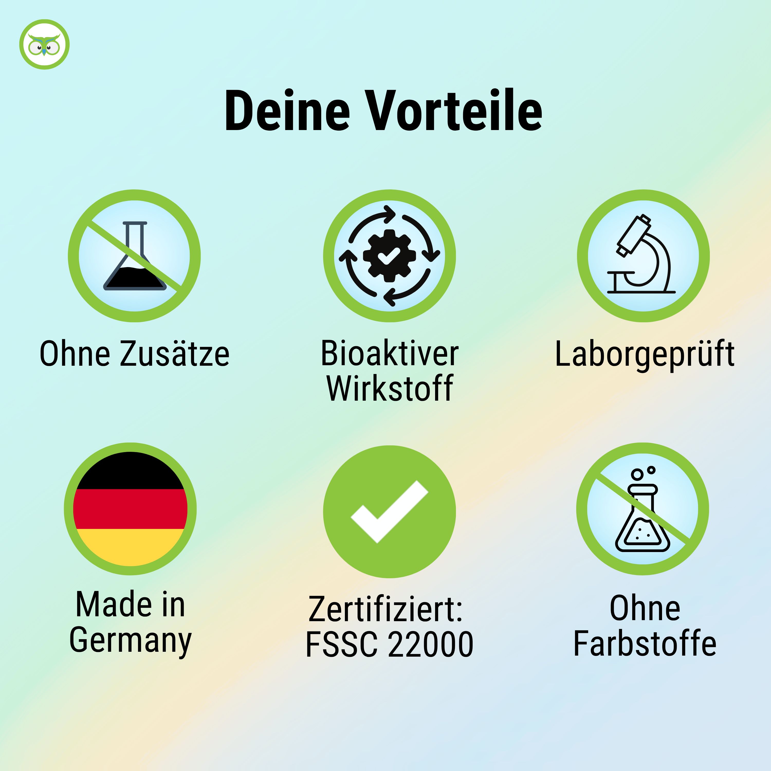 Grafik mit grünen Kreisen und Icons. Ohne Zusätze, Bioaktiver Wirkstoff, Laborgeprüft, Made in Germany, Zertifiziert: FSSC 22000, Ohne Farbstoffe.