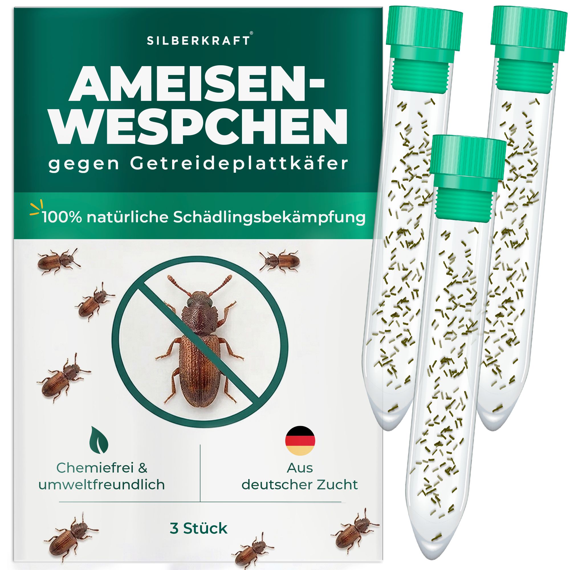 Verpackung mit drei Röhrchen, gefüllt mit kleinen Organismen zur Schädlingsbekämpfung. "Ameisen-Wespchen" gegen Getreideplattkäfer.