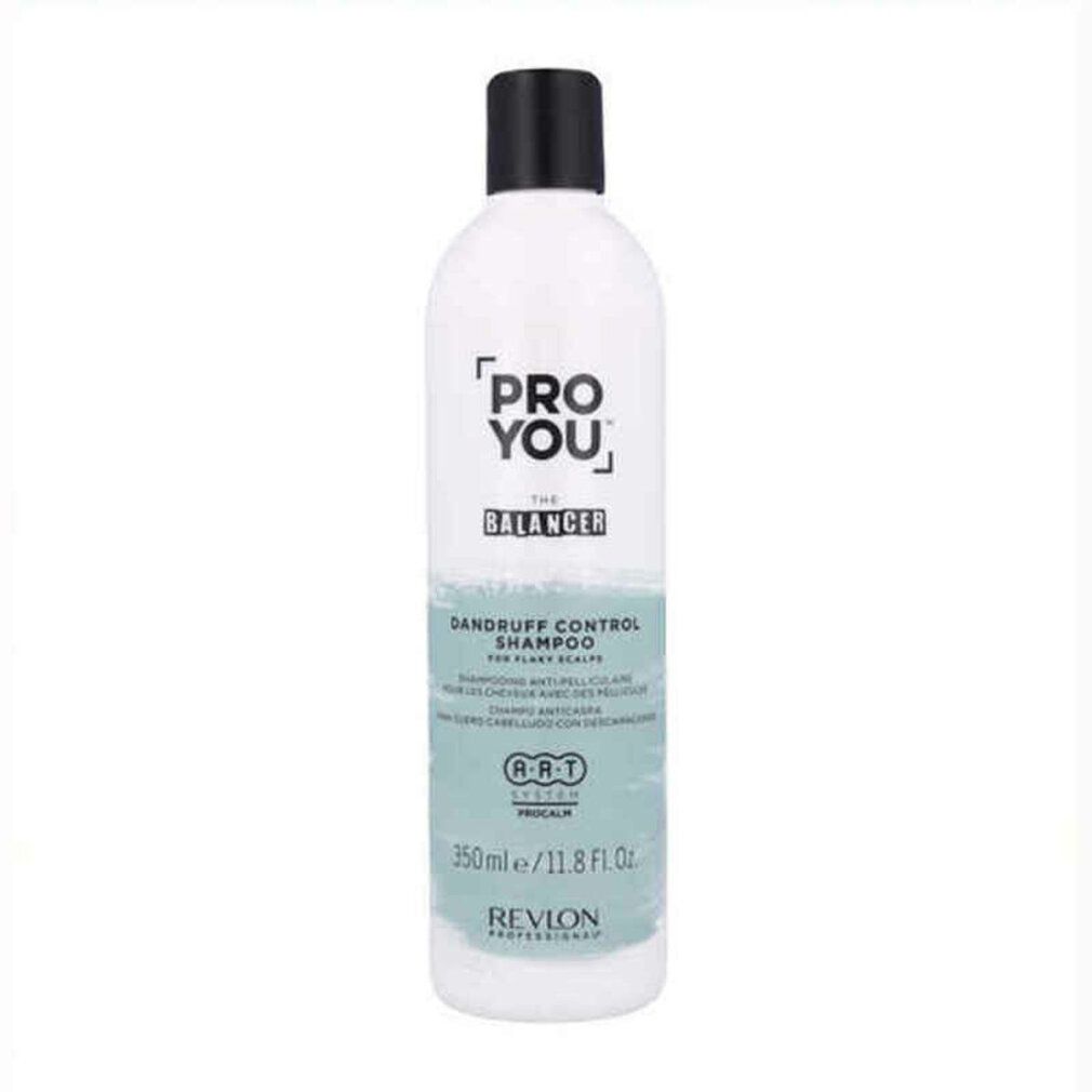 Weiße Flasche mit schwarzem Deckel. Aufschrift: Pro You The Balancer, Dandruff Control Shampoo. Marke: Revlon.