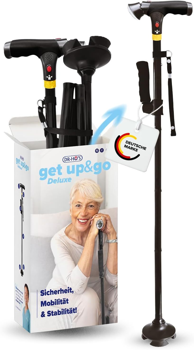 DR-HO'S Gehstock mit LED-Licht, Alarmknopf und 4-Punkt-Standfuß, zusammengeklappt und im Karton.