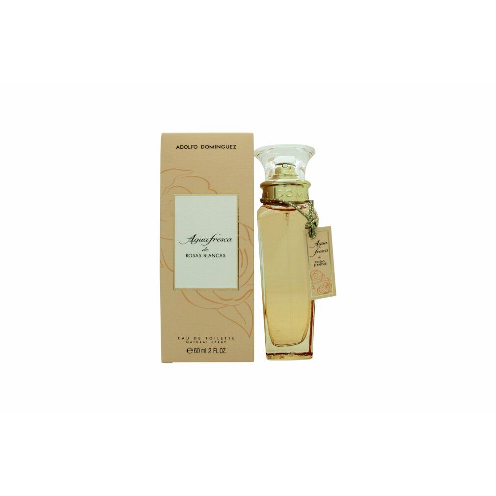 Parfümflasche und Karton. Flasche mit goldfarbenem Verschluss und Anhänger. Karton mit Produktnamen und Rosenmotiv.