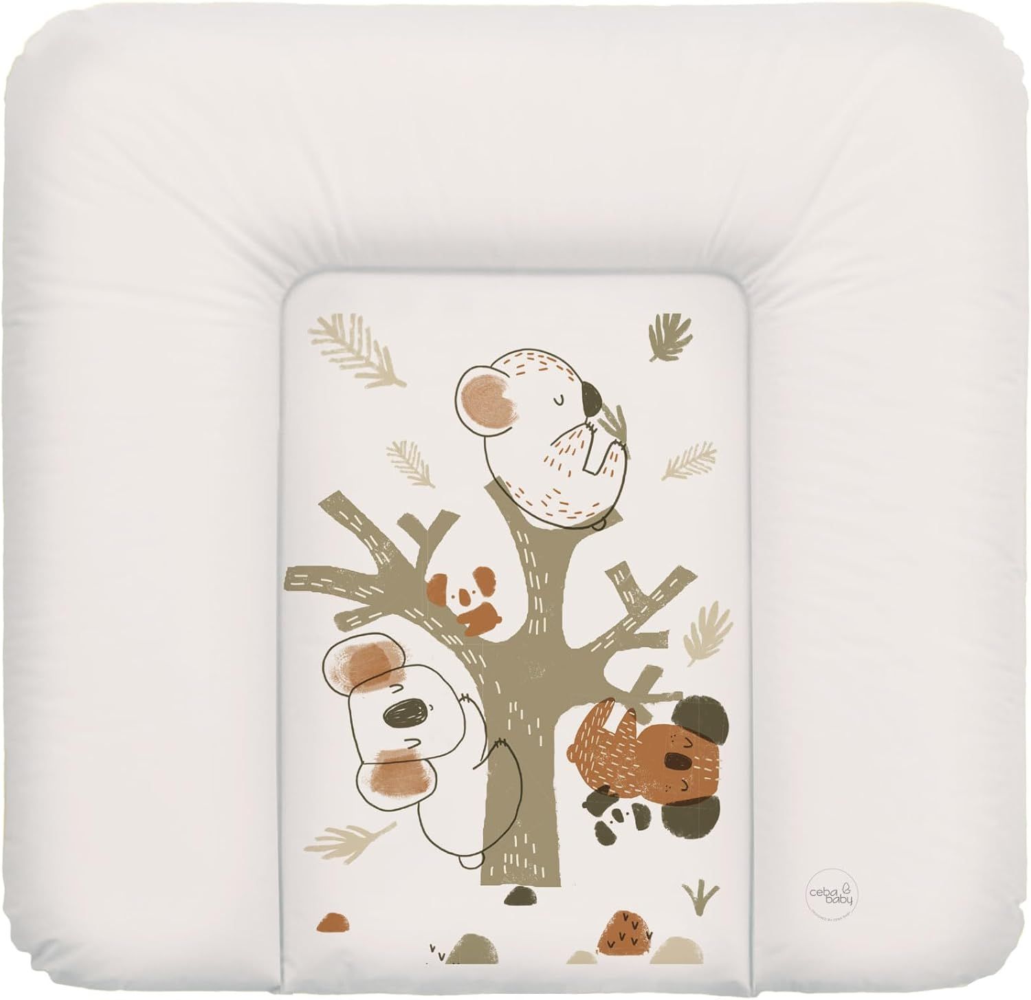 Weiche Wickelauflage mit Koala-Baum-Motiv. Rechteckig mit erhöhten Rändern. Weiße Oberfläche mit Illustrationen.