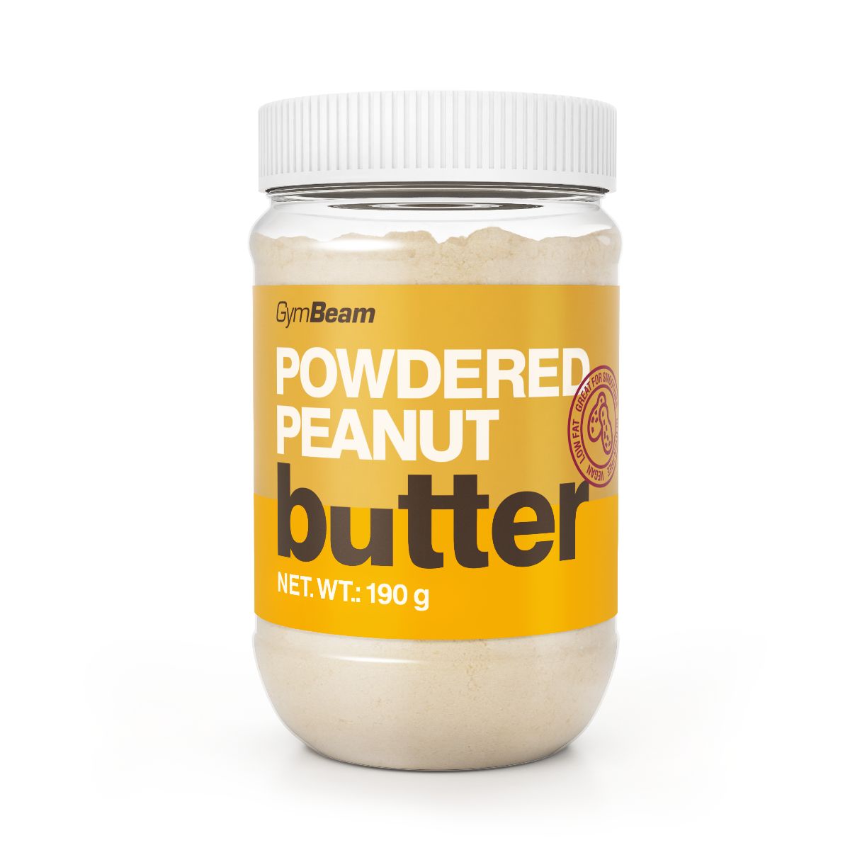 GymBeam Pulverisierte Erdnussbutter in einem durchsichtigen Behälter mit gelbem Etikett. Nettogewicht 190g.