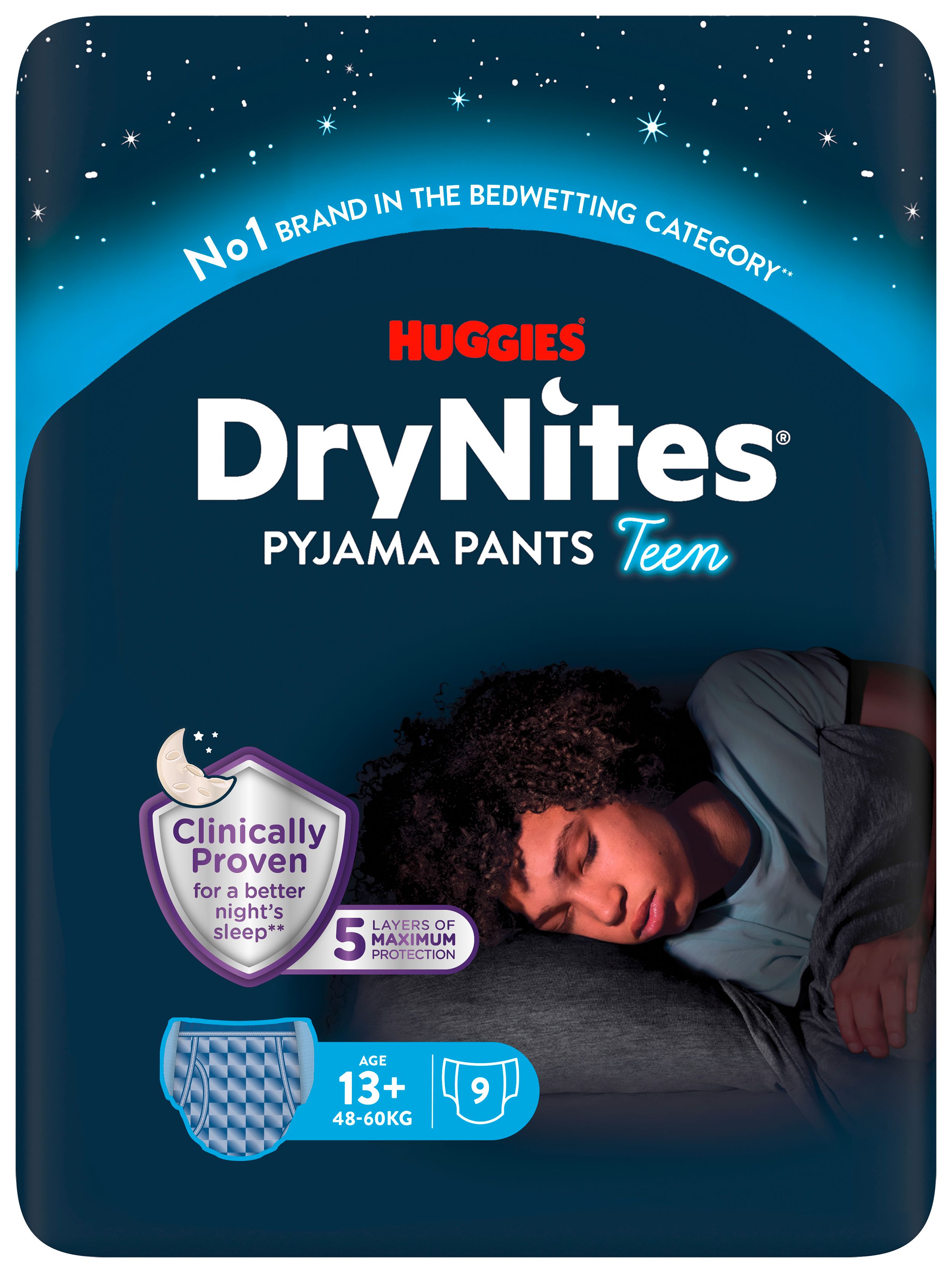 Dunkelblaue Verpackung Huggies DryNites Pyjama Pants Teen. Alter 13+, 48-60kg. Abbildung eines schlafenden Jungen. Text: Clinically Proven.