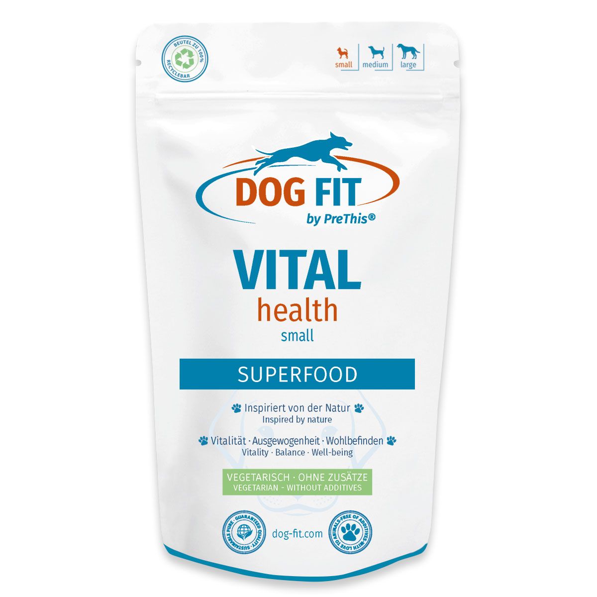 Produktverpackung DOG FIT by PreThis® VITAL health small. Text: Superfood, inspiriert von der Natur, vegetarisch, ohne Zusätze.