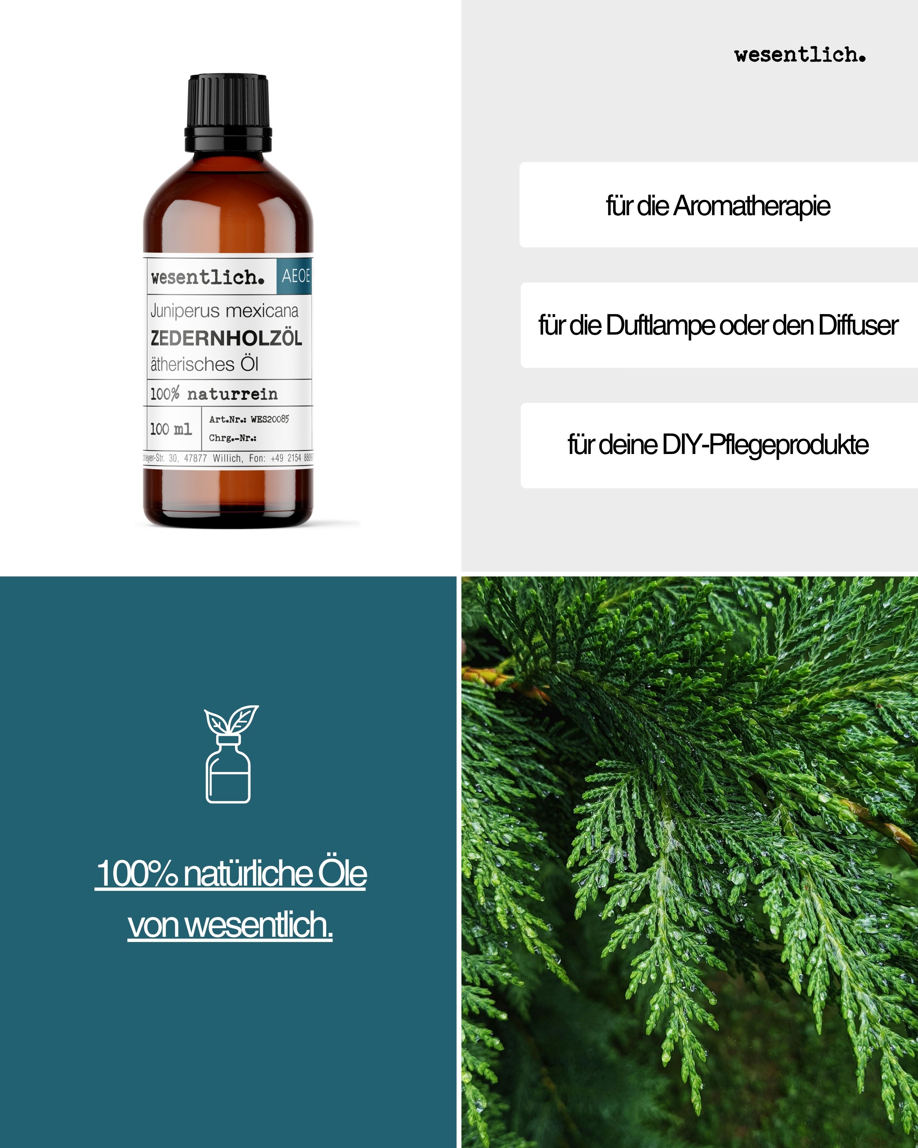 Flasche Zedernholzöl neben Textfeldern: Aromatherapie, Duftlampe, DIY-Pflegeprodukte.