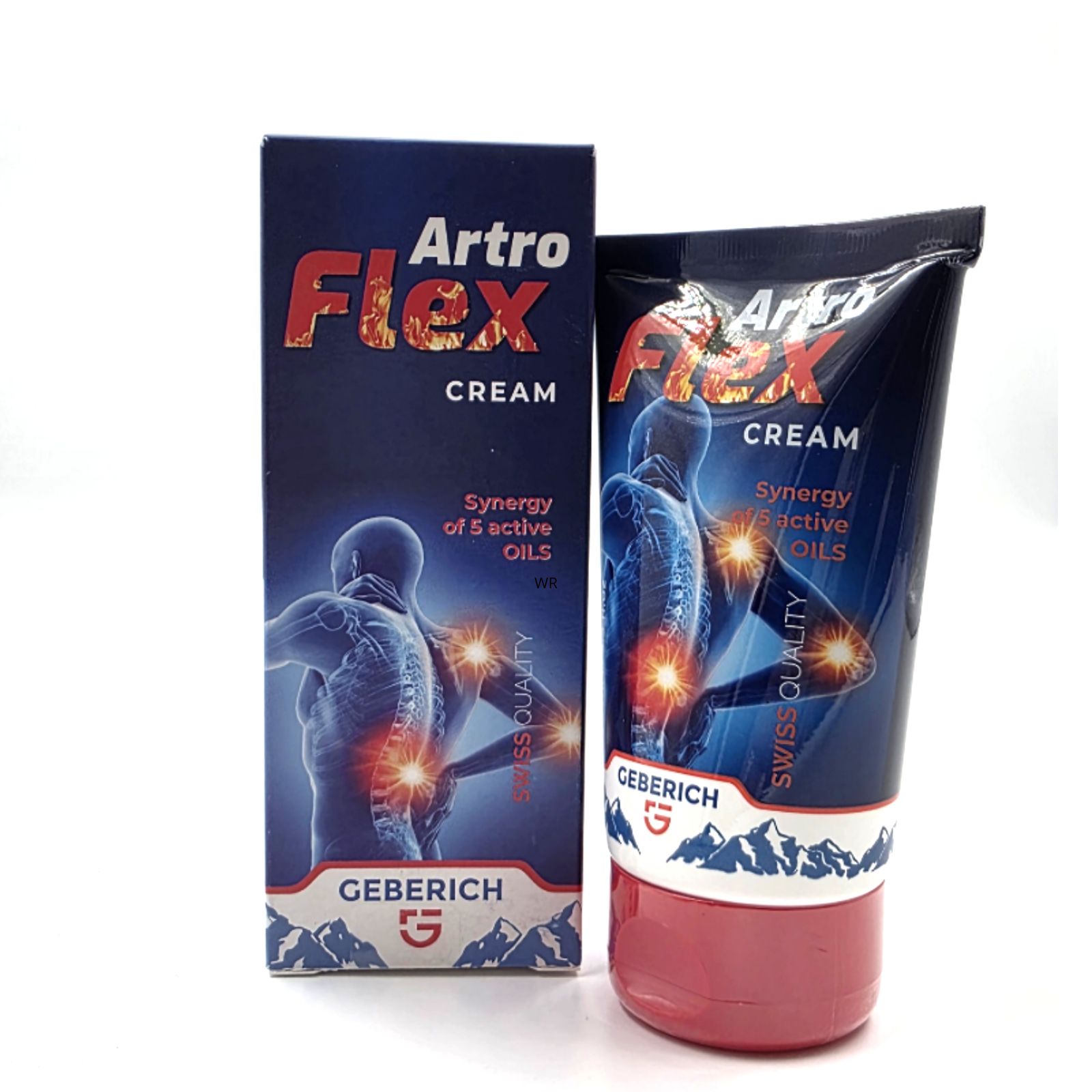 Produkt und Schachtel. Tube und Schachtel mit Produktnamen. Abbildung eines Rückens. Text: Swiss Quality. Marke Geberich.