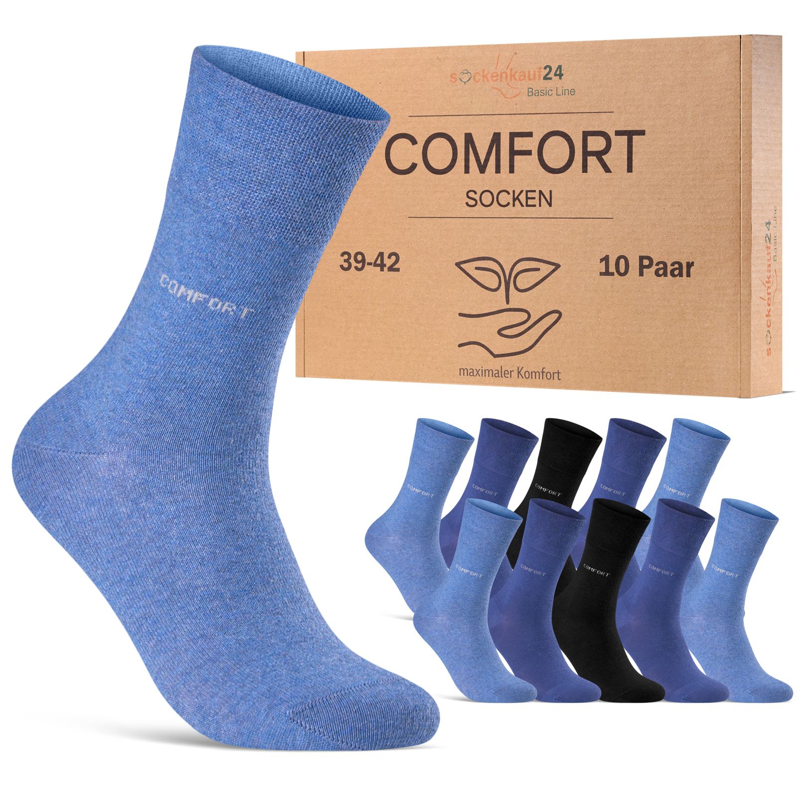 Blaue Socken mit Komfortbund. Aufschrift "COMFORT". Verpackung mit 10 Paar. Größe 39-42.