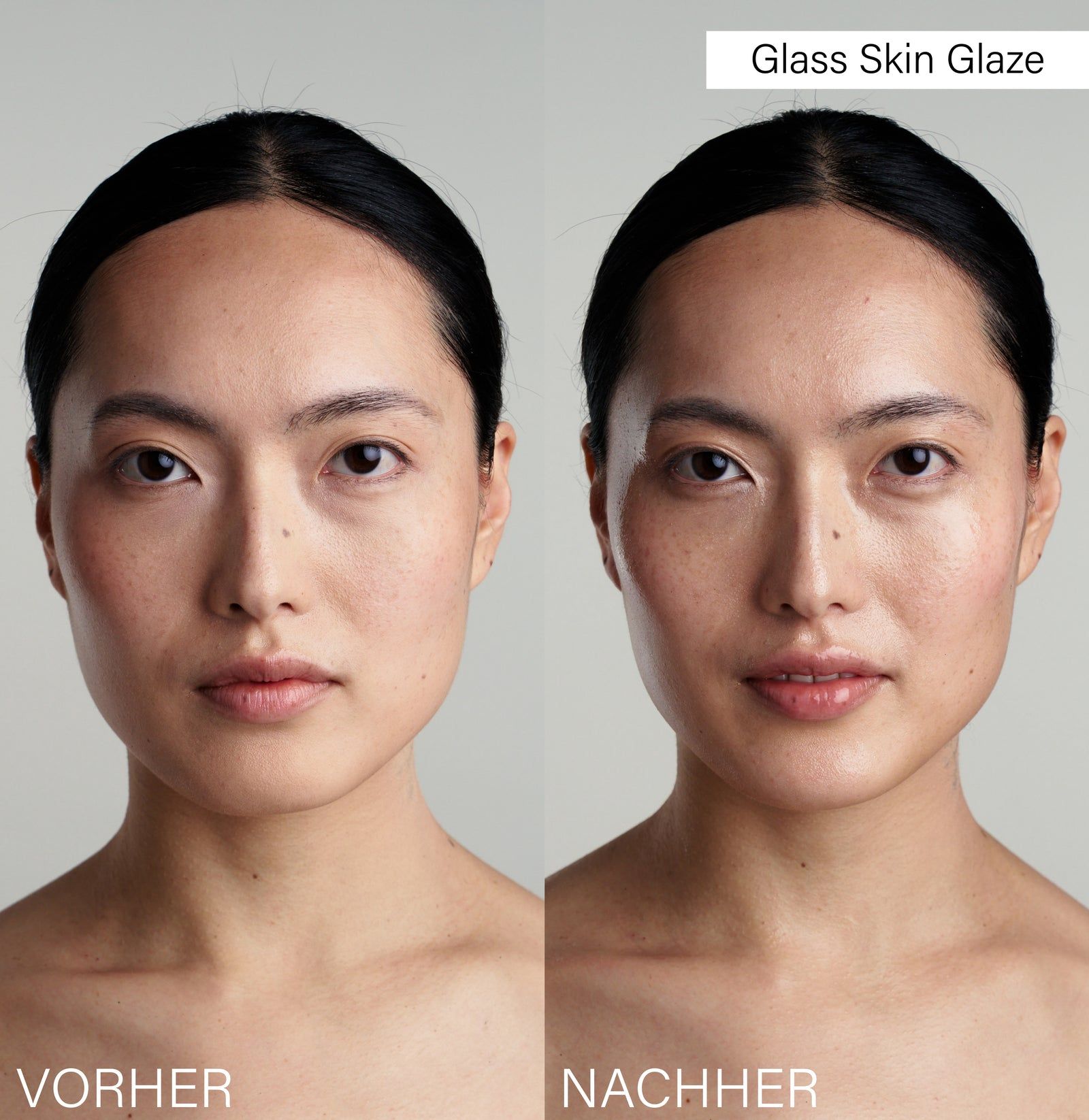 Zwei Gesichter, Vorher-Nachher-Vergleich. Aufschrift: Glass Skin Glaze, Vorher, Nachher.