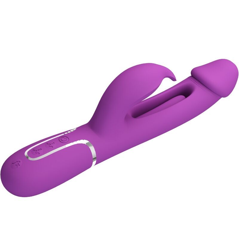 Lila Kaninchen-Vibrator, schräge Ansicht mit silbernen Bedienelementen.