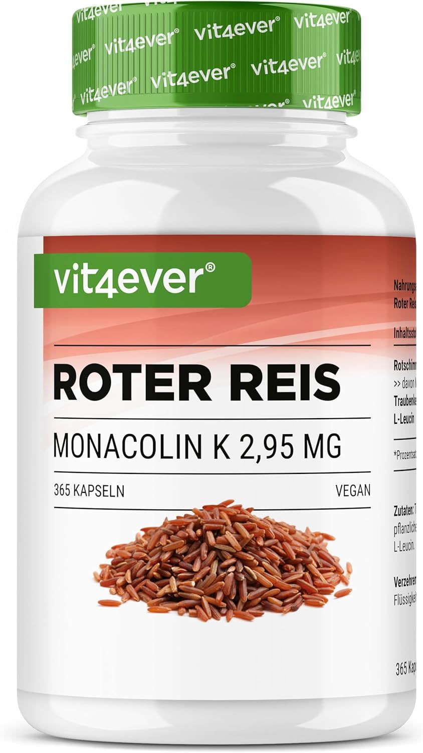 Weißes Vit4ever-Behälter mit grünem Deckel. Roter Reis Extrakt, 365 Kapseln, vegan. Roter Reis-Abbildung.