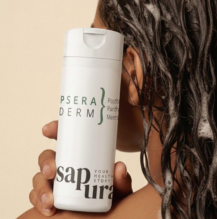 Weißes Shampoo mit grüner Schrift. Aufschrift: PSERA DERM, sapura. Person wäscht sich die Haare.