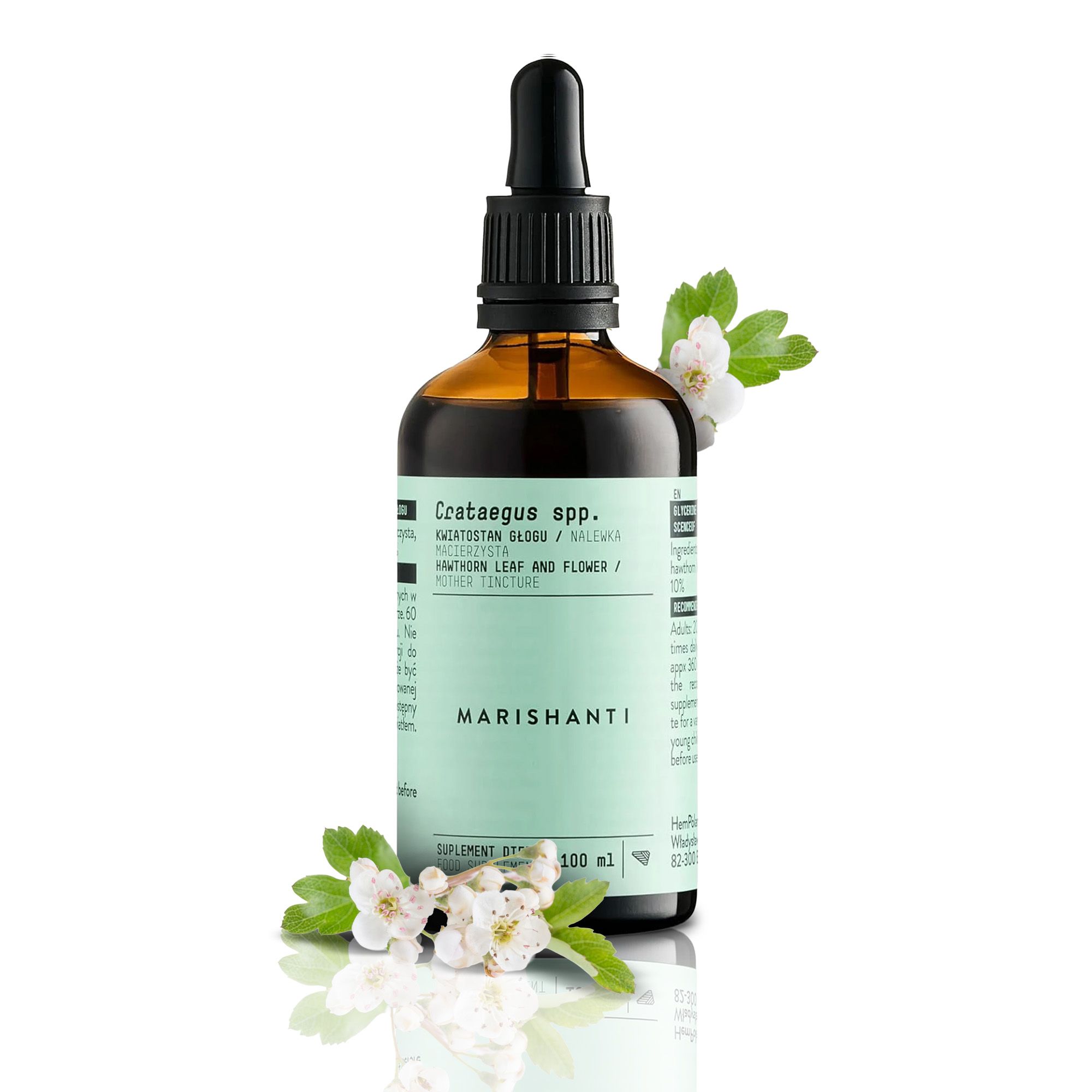 Braune Flasche mit Pipette. Text: Marishanti Weißdorn Extrakt. Crataegus spp. Weißdornblatt und -blüte. 100 ml.