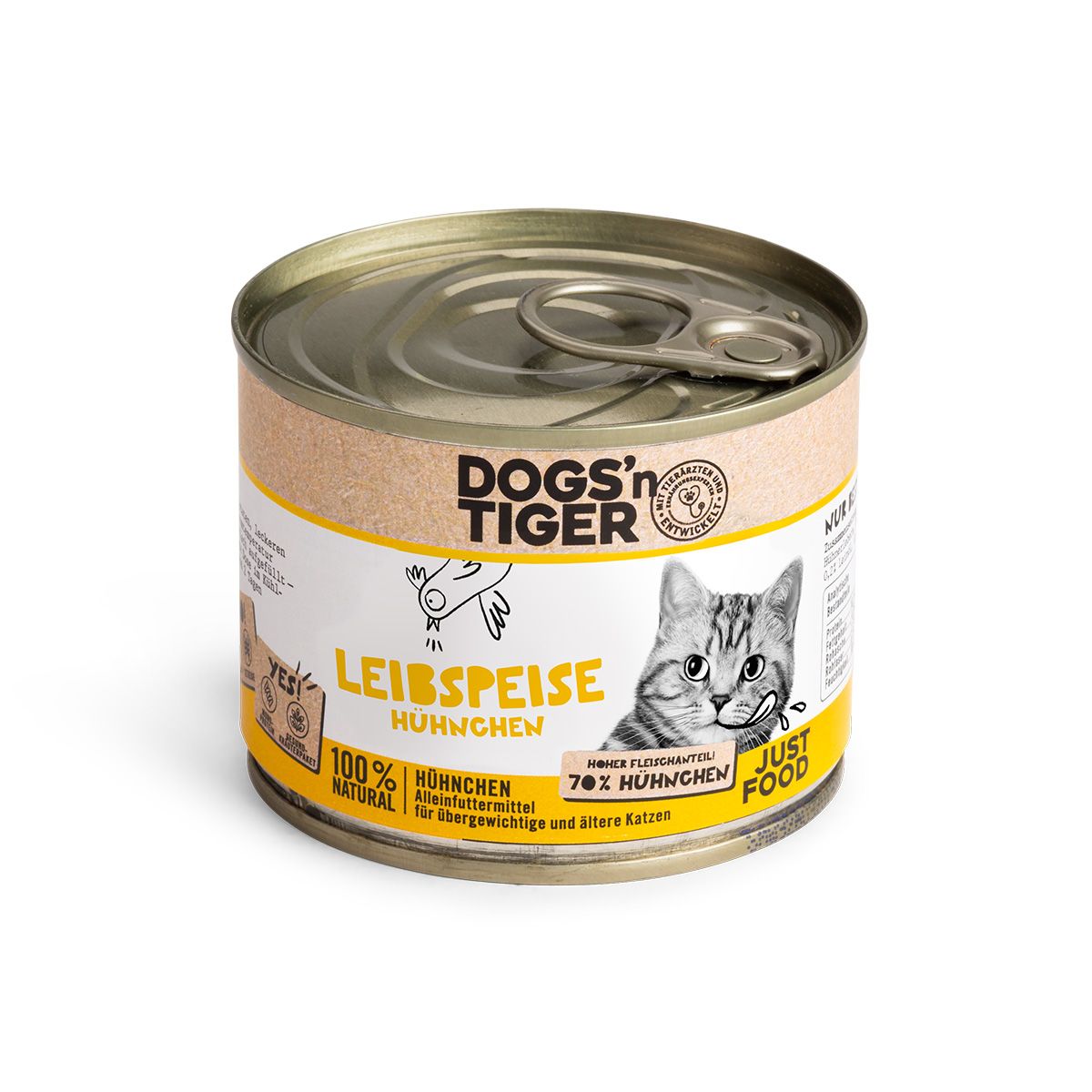 Eine Dose Katzenfutter. Auf der Dose steht "Dogs'n Tiger", "Leibspeise", und ein Katzenbild. Text: "70% Hühnchen".