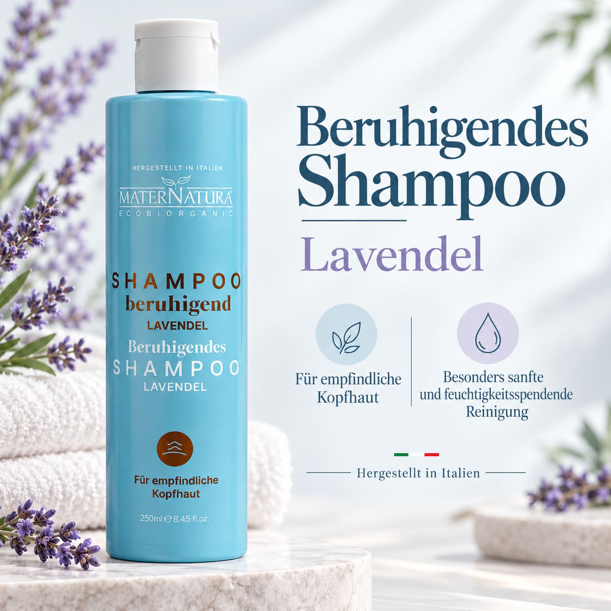 Maternatura Bio-Shampoo Lavendel für empfindliche Kopfhaut, 250ml.