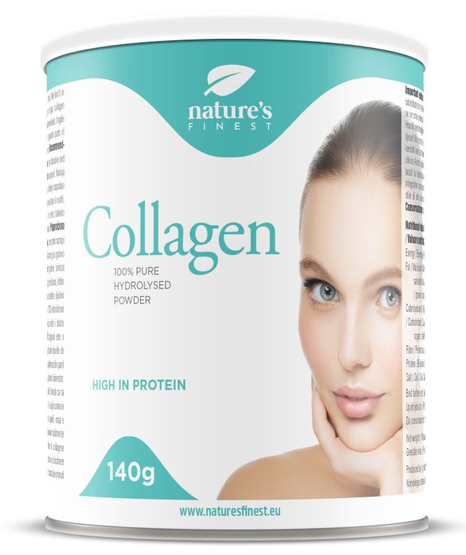 Weiß-türkise Dose mit "Nature's Finest" und "Collagen" Schriftzug. Aufdruck: 100% reines hydrolysiertes Pulver, 140g. Abbildung eines Frauenporträts.