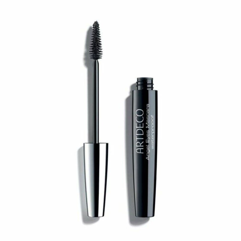 Schwarze Mascara-Tube und Bürste. Aufschrift: ARTDECO Angel Eyes Mascara waterproof. Auf weißem Hintergrund.
