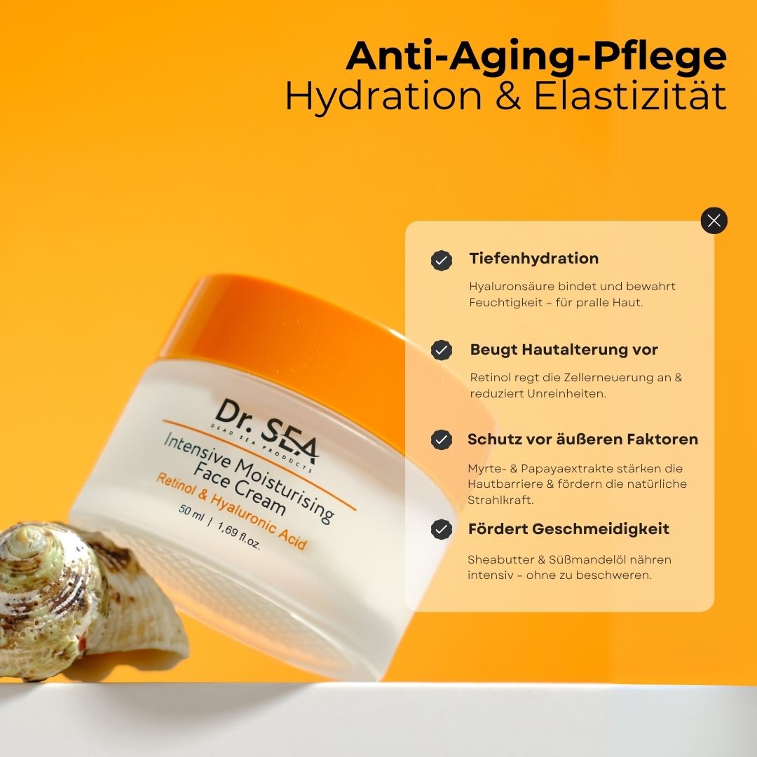 Creme-Tiegel mit Deckel. Text: "Anti-Aging-Pflege". Inhaltsstoffe: Retinol, Hyaluronsäure. Muscheln im Hintergrund.