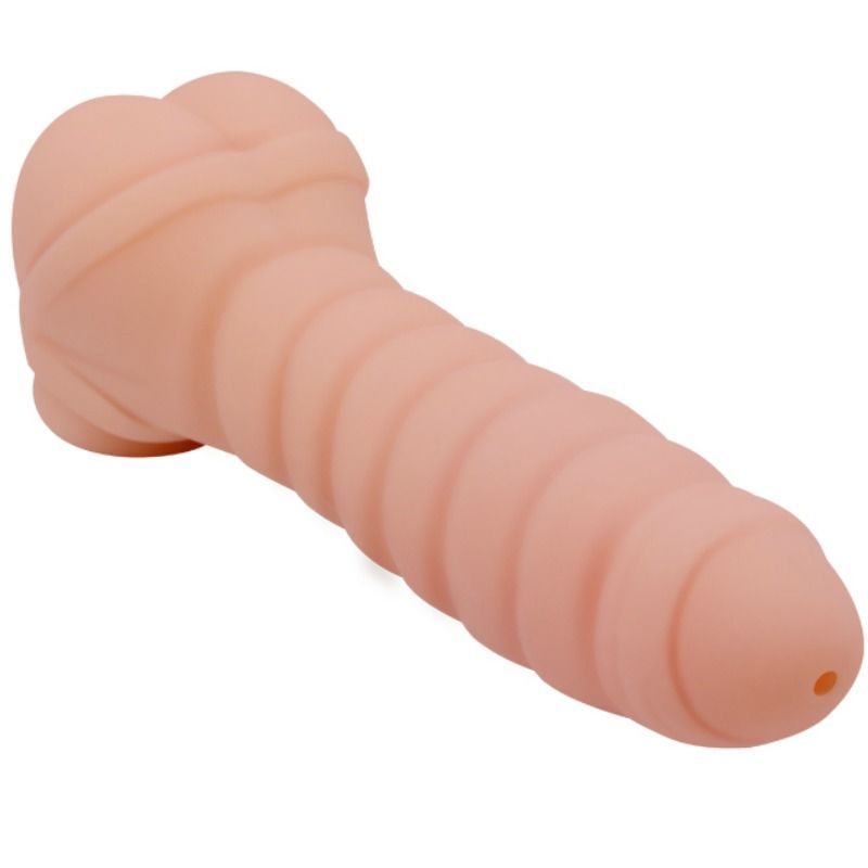Fleischfarbener Masturbator mit geriffelter Oberfläche und Öffnung. Zylindrische Form mit abgerundeter Basis.