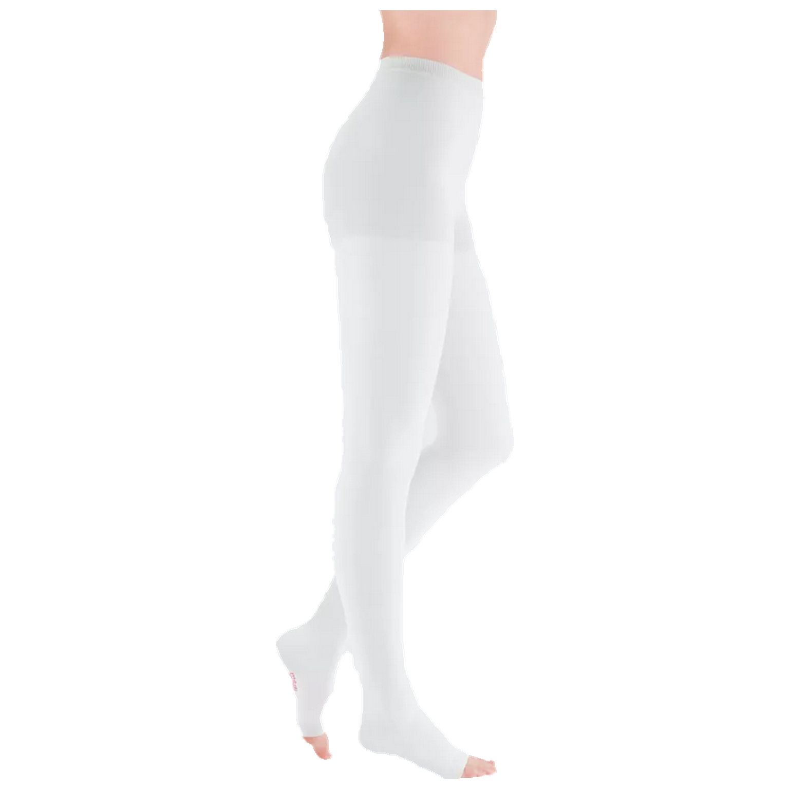 Weiße Kompressionsstrumpfhose mit offenem Zehenbereich. Seitliche Ansicht. Produktname nicht sichtbar.