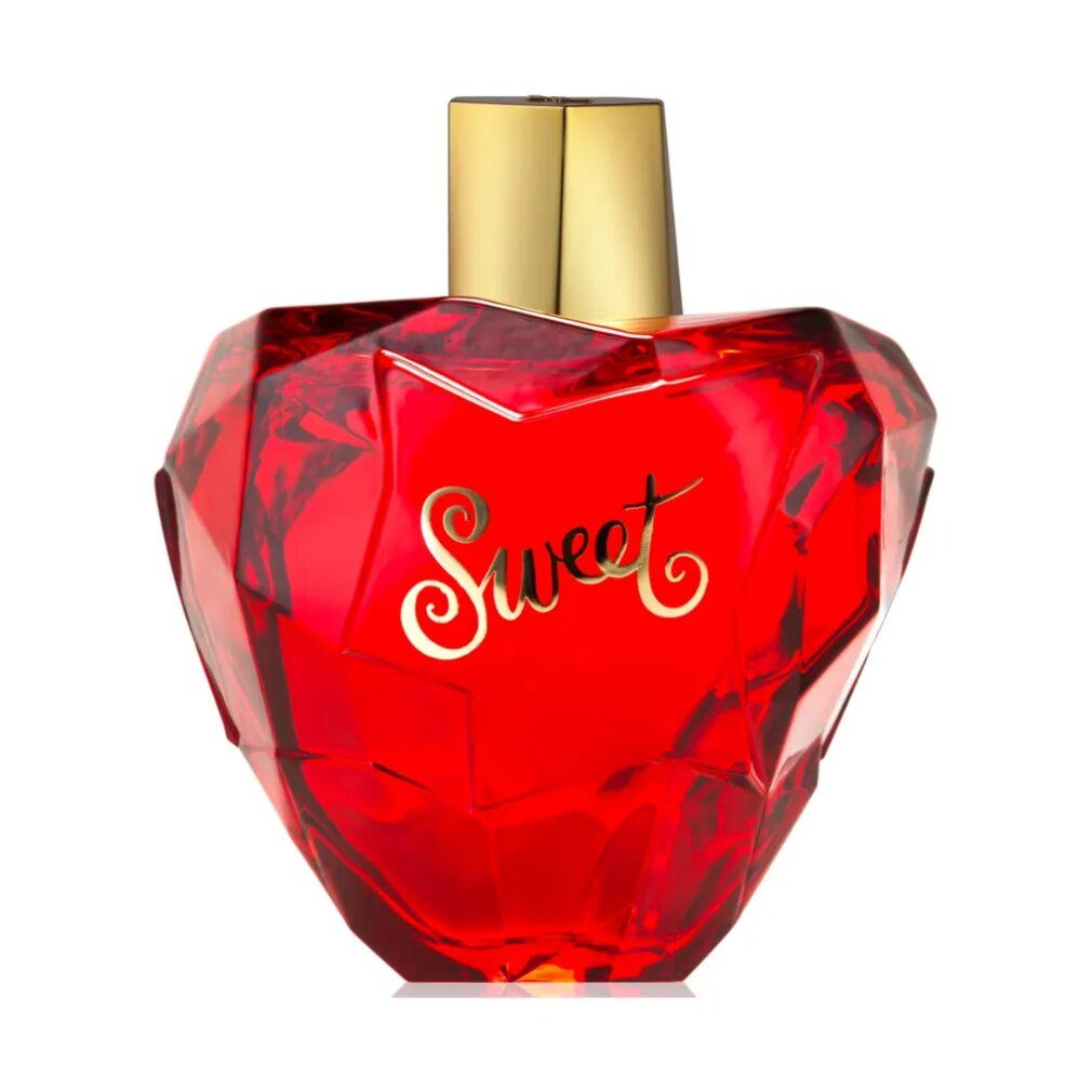 Roter Flakon in Herzform mit goldener Kappe. Aufschrift "Sweet".