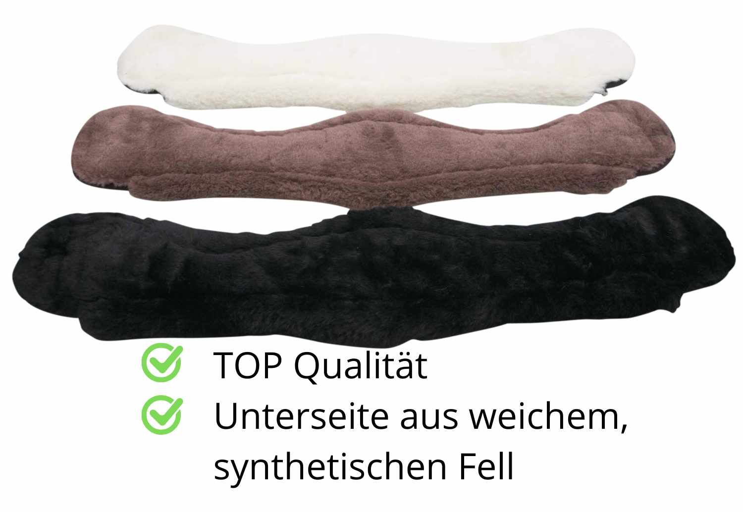 Drei AMKA Dressurgurte in Weiß, Braun und Schwarz. Synthetisches Fell.