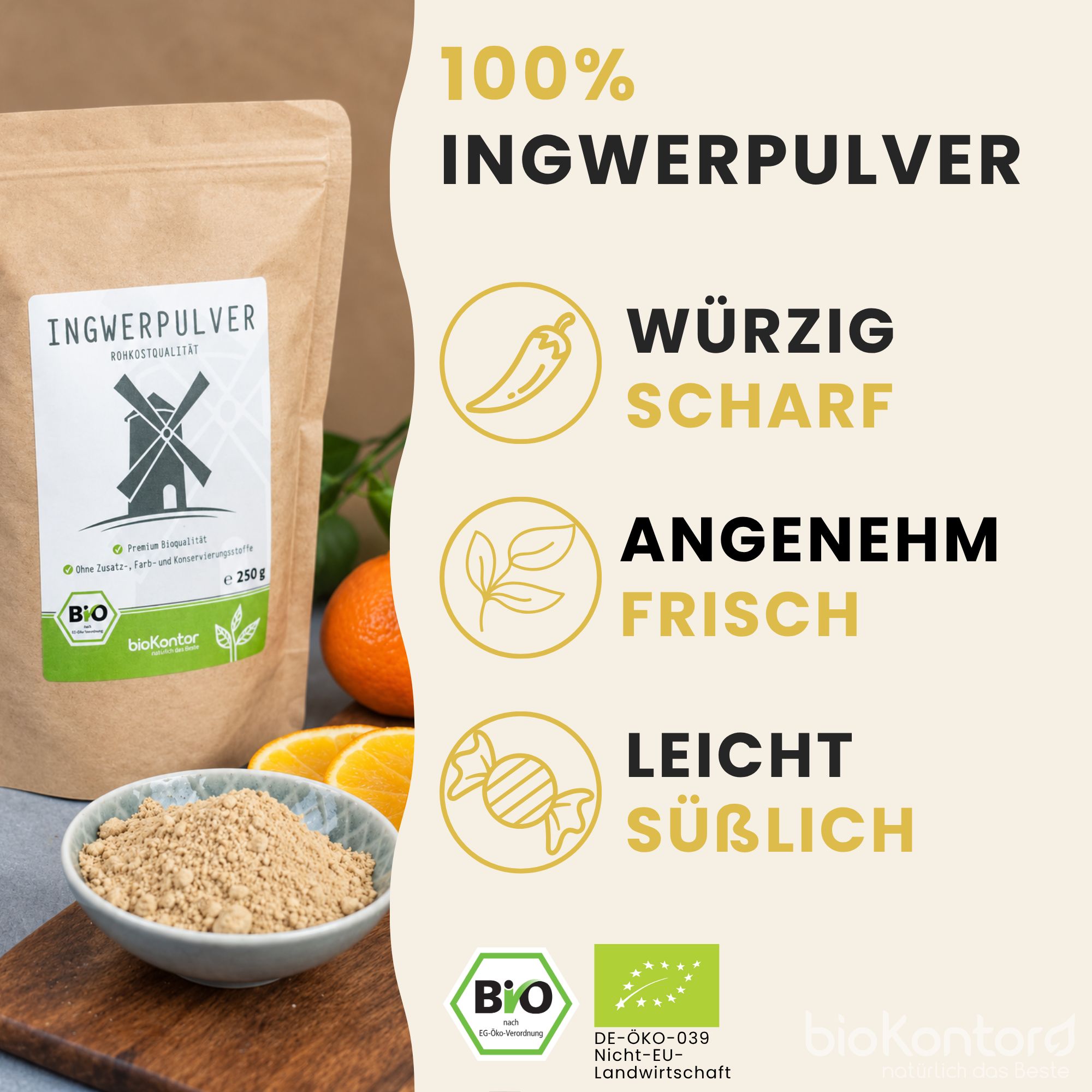 Bio-Ingwerpulver: würzig, scharf, frisch, leicht süßlich. Mit Orangen und Schüssel voller Pulver.