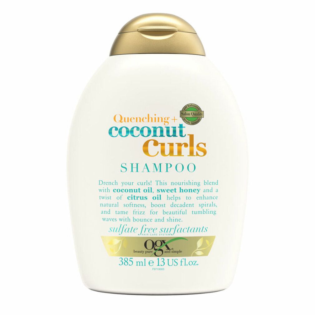 Weiße Shampoo-Flasche mit goldfarbenem Deckel. Aufschrift: Quenching+ Coconut Curls Shampoo. 385 ml.