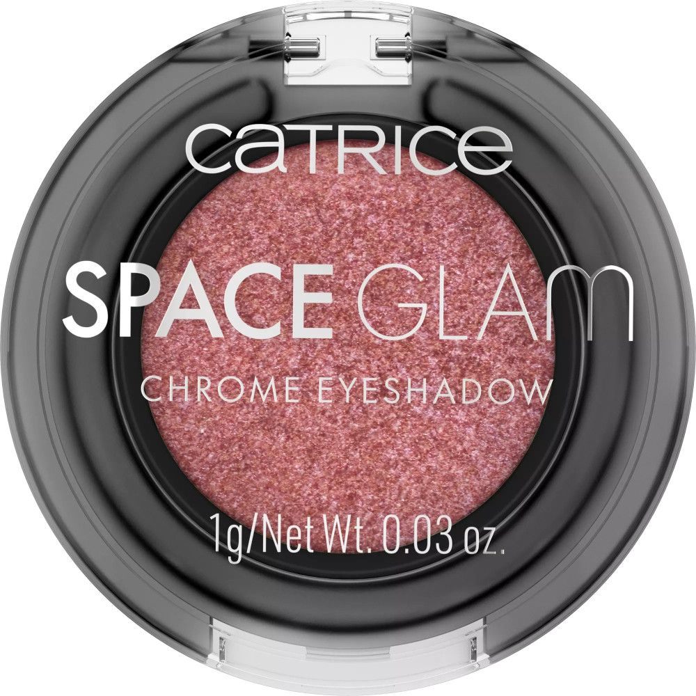 Runder Lidschatten-Tiegel, rosa Farbton. Deckel mit Schriftzug "Catrice SPACE GLAM CHROME EYESHADOW". 1g/0.03 oz.