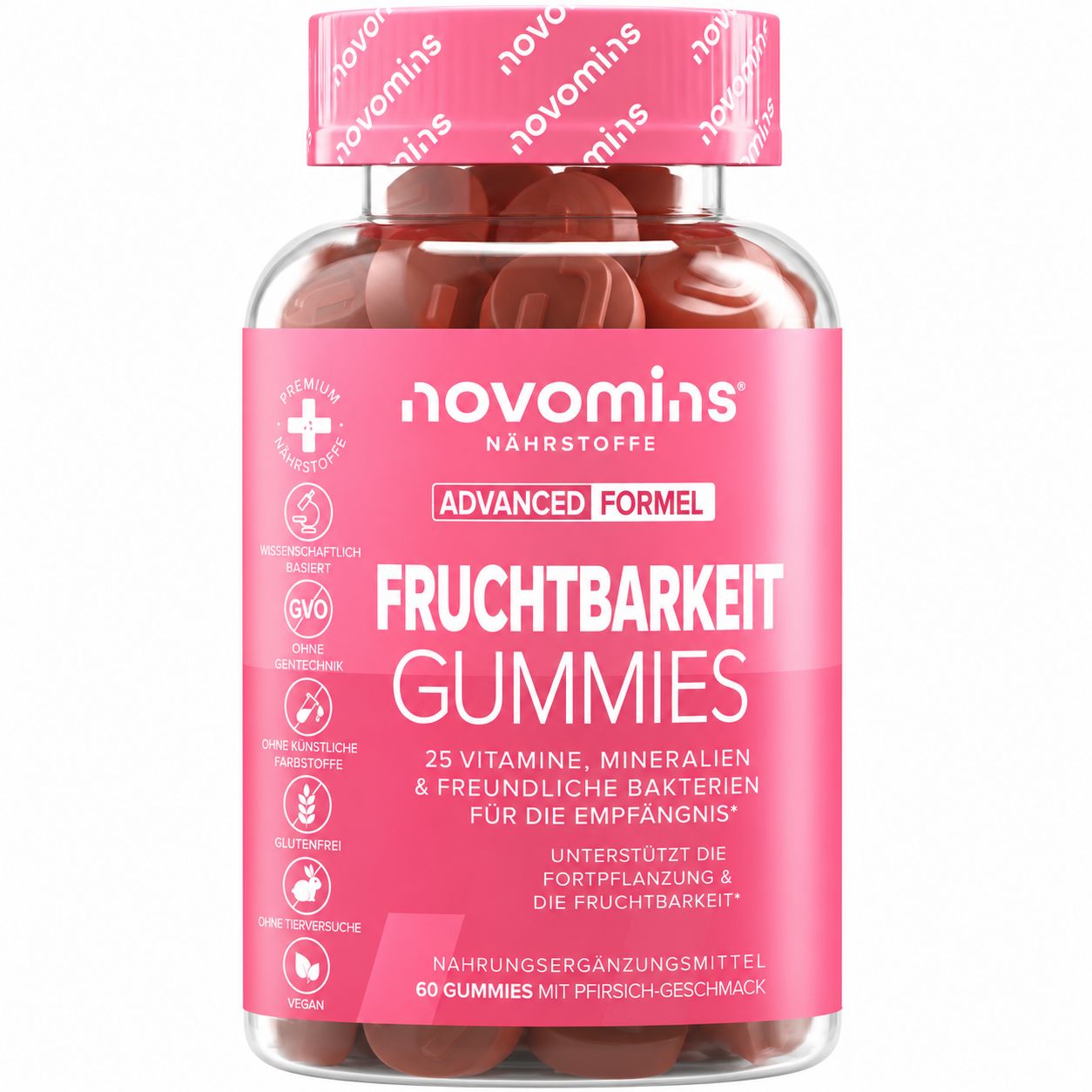Novomins Fruchtbarkeit Gummies, 60 Stück, Pfirsichgeschmack.