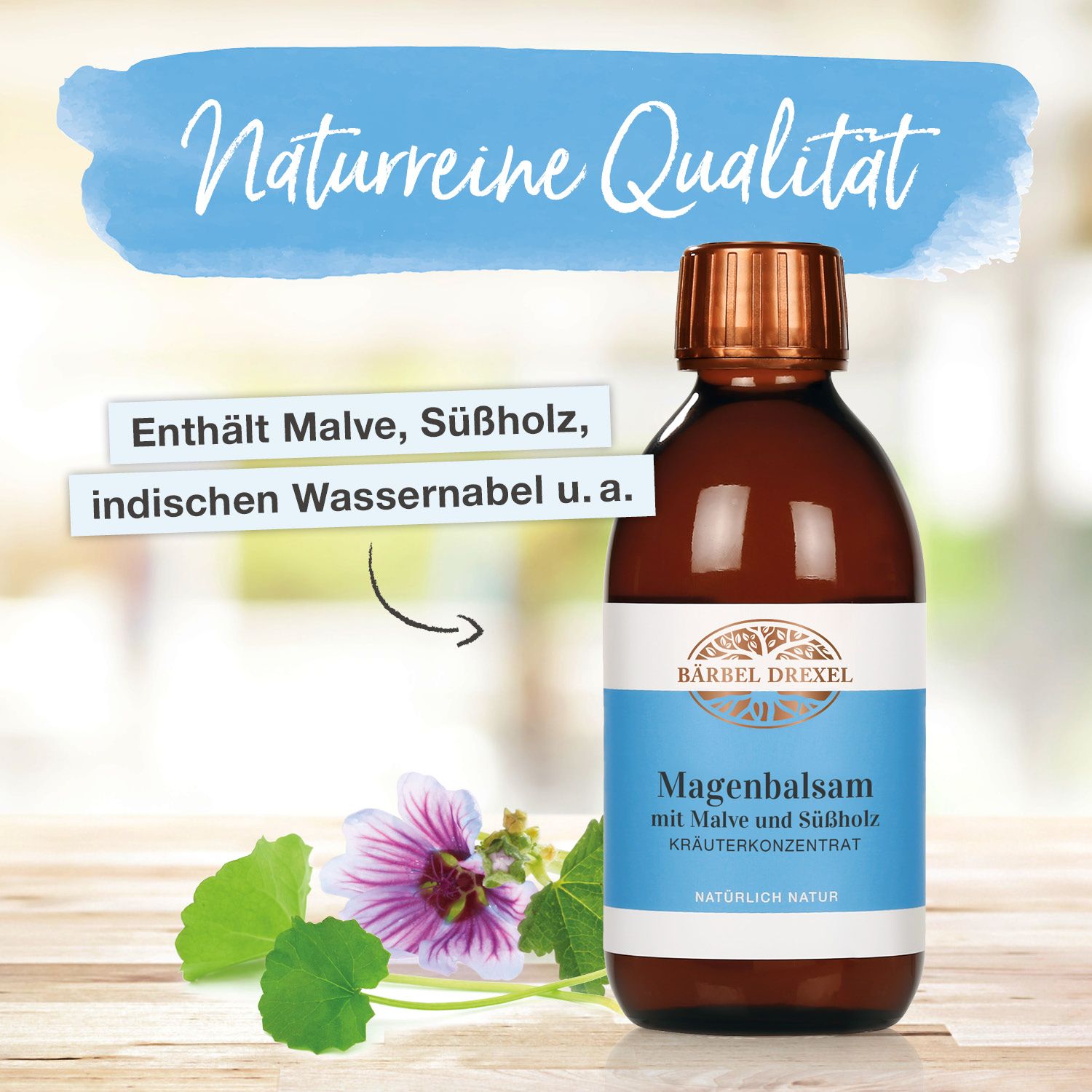 Flasche Magenbalsam neben Malvenblüte und Blättern. Text "Enthält Malve, Süßholz, indischen Wassernabel u.a.".