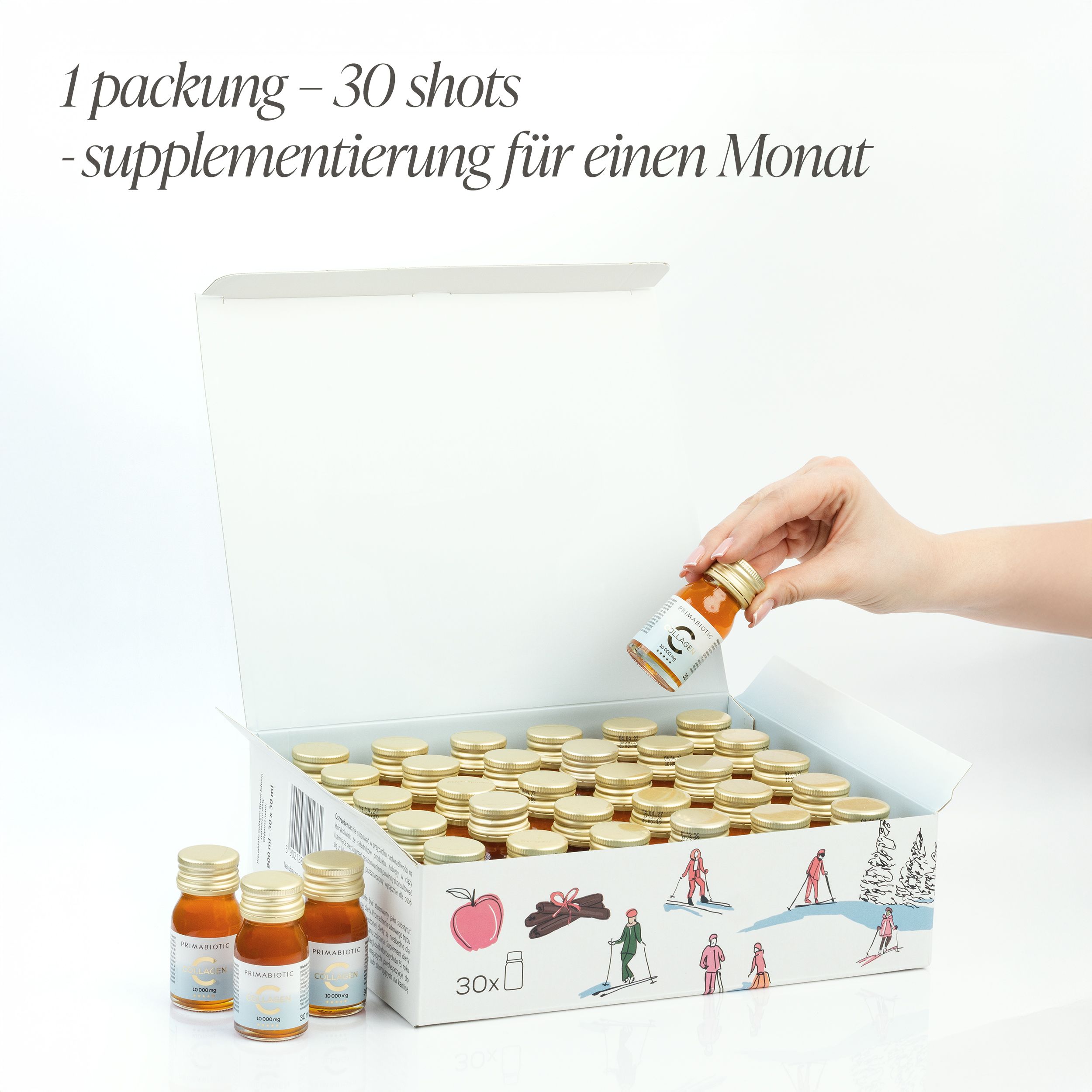 Karton mit 30 Flaschen. Eine Hand nimmt eine Flasche heraus. Aufdruck: 30 Shots, Ergänzung für einen Monat. Illustrationen.