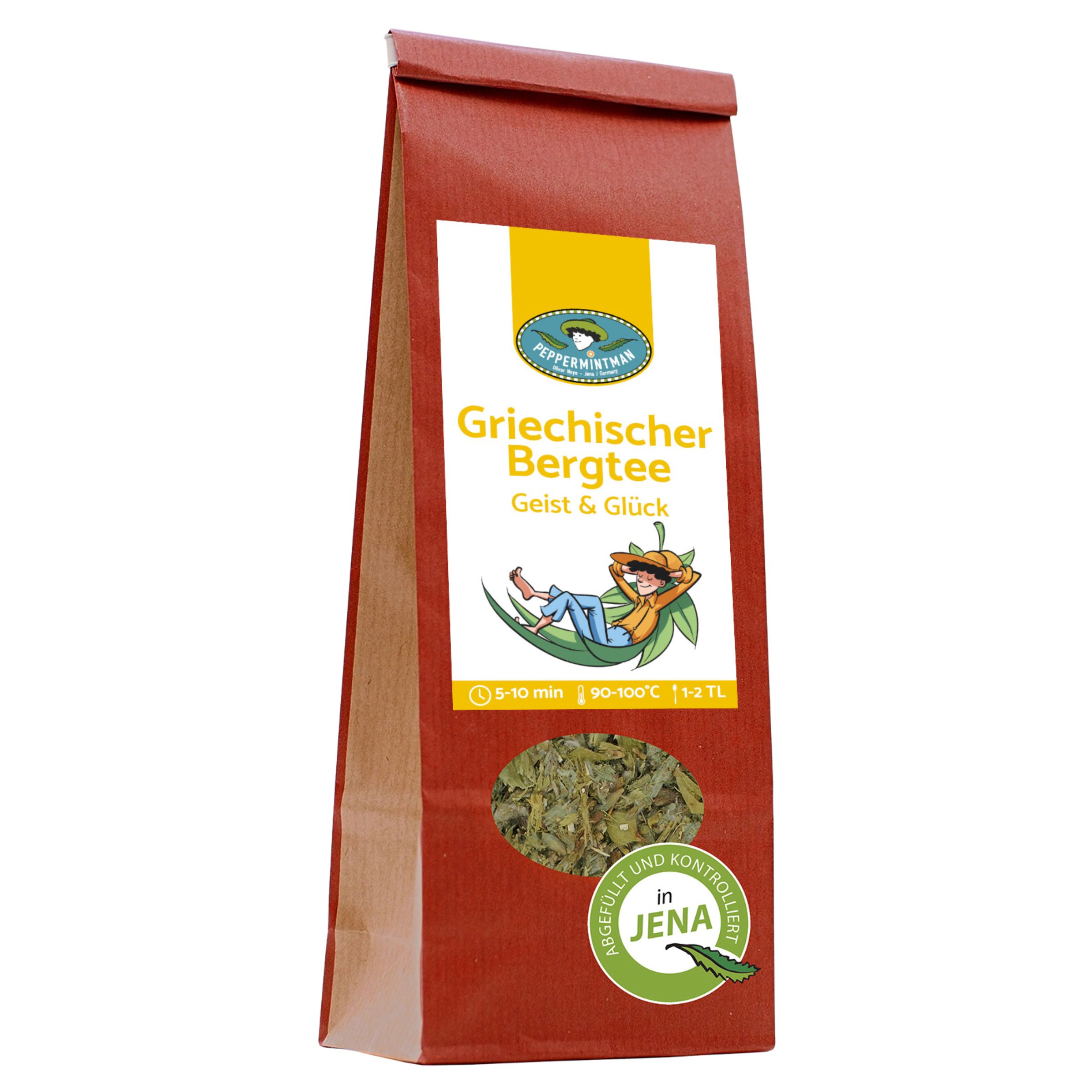 Braune Papiertüte mit Produktetikett. Aufschrift: Griechischer Bergtee, Geist & Glück. Sichtfenster mit Kräutern.