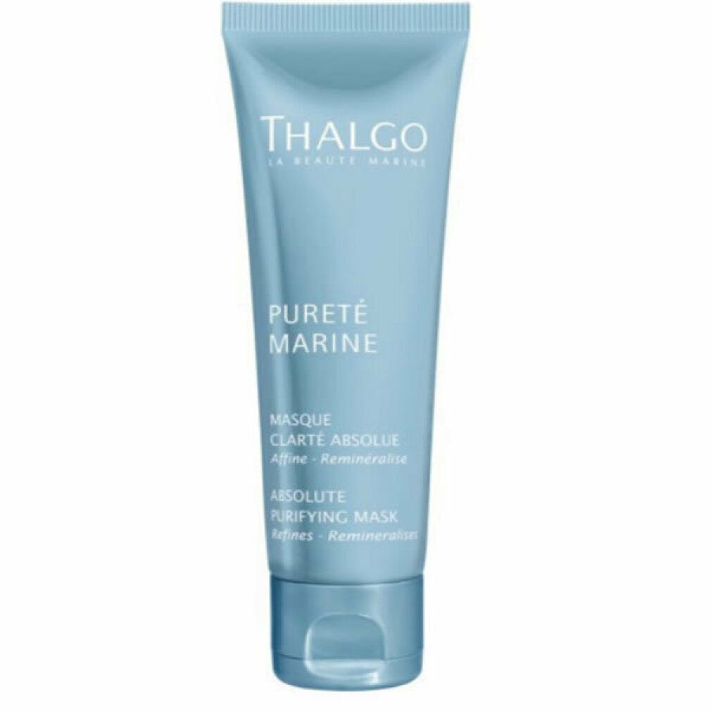 Hellblaue Tube mit weißem Aufdruck. THALGO-Logo, "PURETÉ MARINE" und "ABSOLUTE PURIFYING MASK" sind sichtbar.
