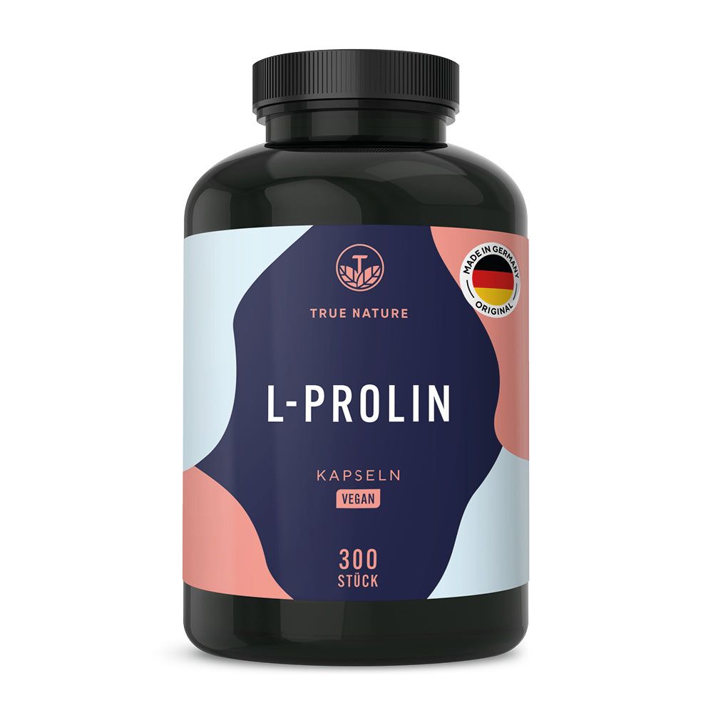 Schwarzer Behälter mit TRUE NATURE L-Prolin Kapseln, 300 Stück, vegan, Made in Germany Siegel.