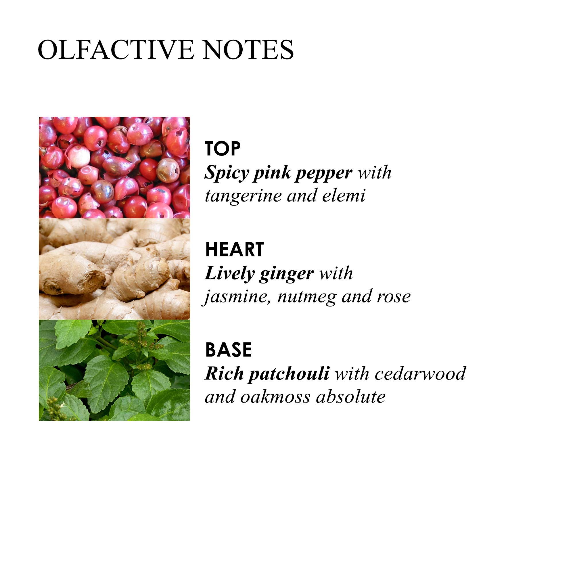 Olfaktorische Noten: Rosa Pfeffer, Ingwer, Patchouli, Zedernholz, Eichenmoos.
