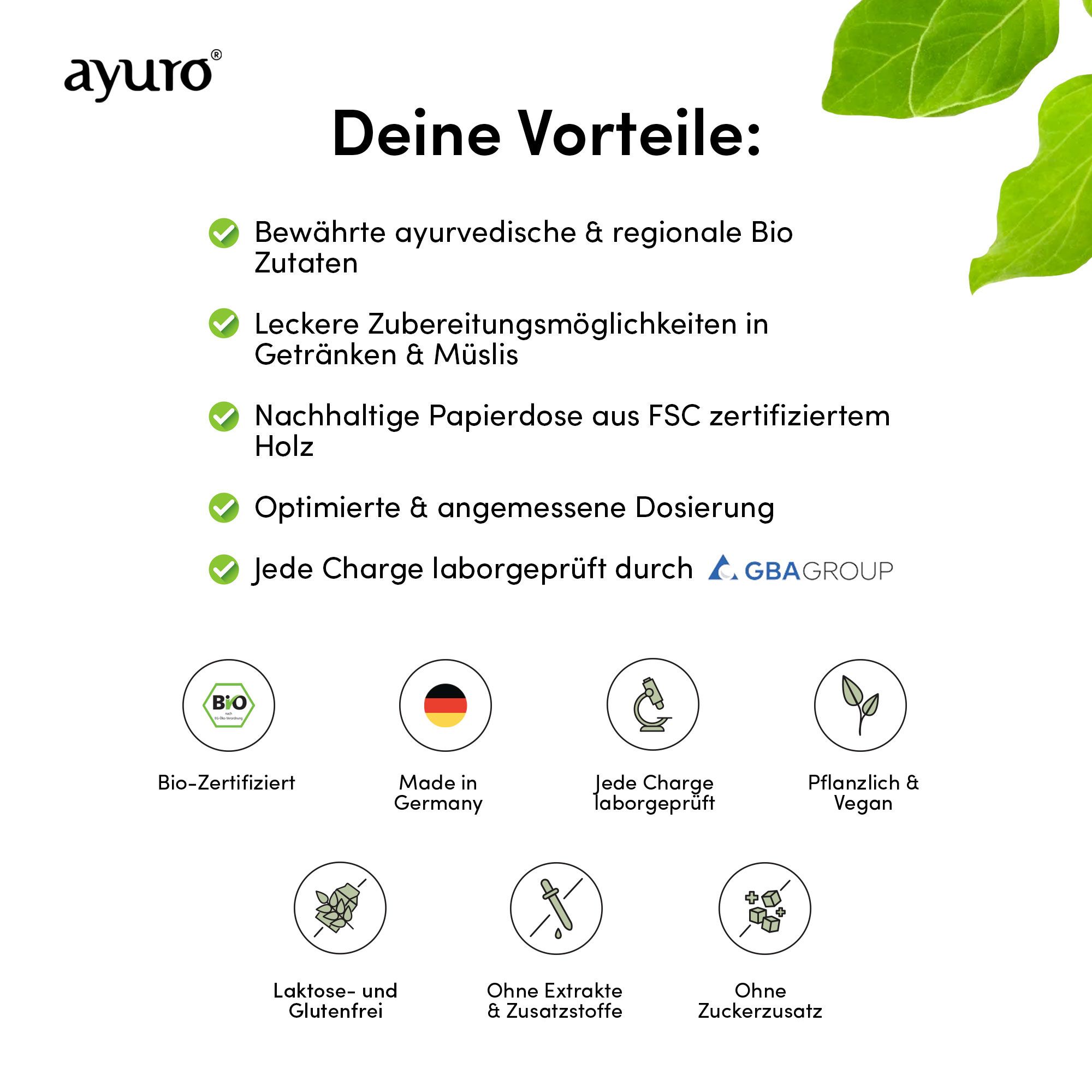 Vorteile von Athletic Yogi: Bio-Zutaten, Zubereitung, FSC-Papierdose, Dosierung, Laborgeprüft. Logos.