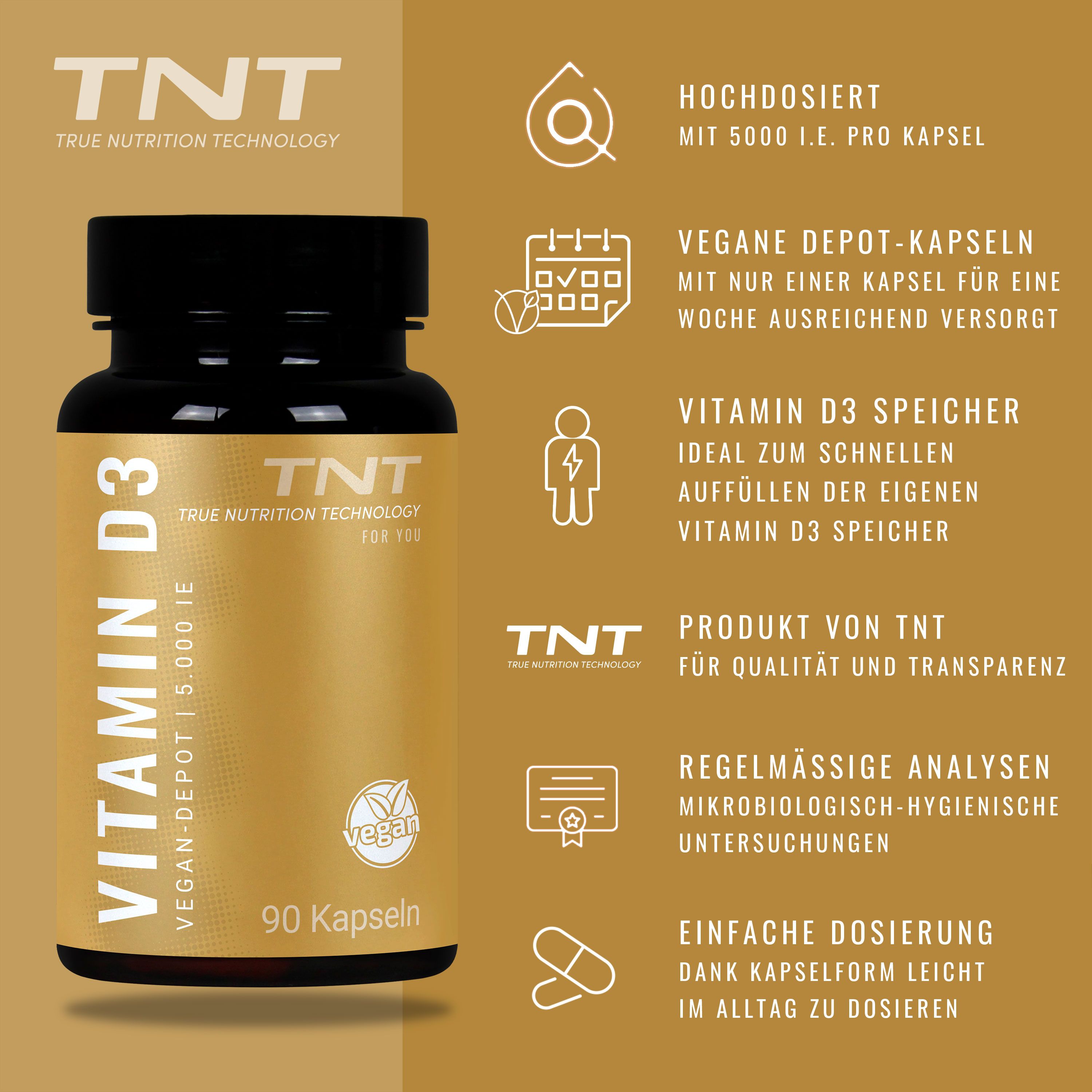 Braune Flasche mit TNT Vitamin D3 Kapseln. Aufschrift: Vegan-Depot, 90 Kapseln. Zusätzliche Informationen auf goldfarbenem Hintergrund.