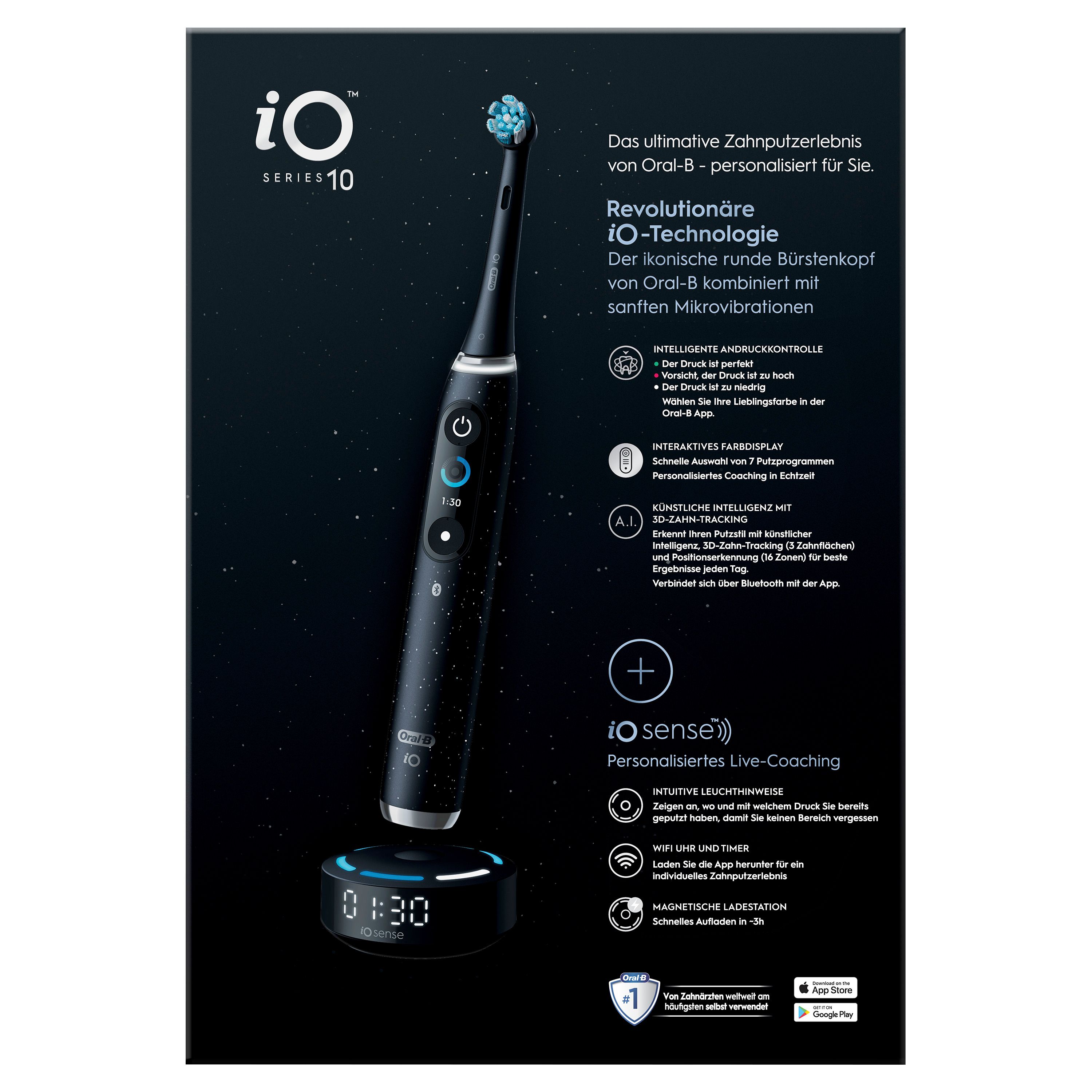 Rückseite der Verpackung der Oral-B iO Series 10. Produktmerkmale und -details.