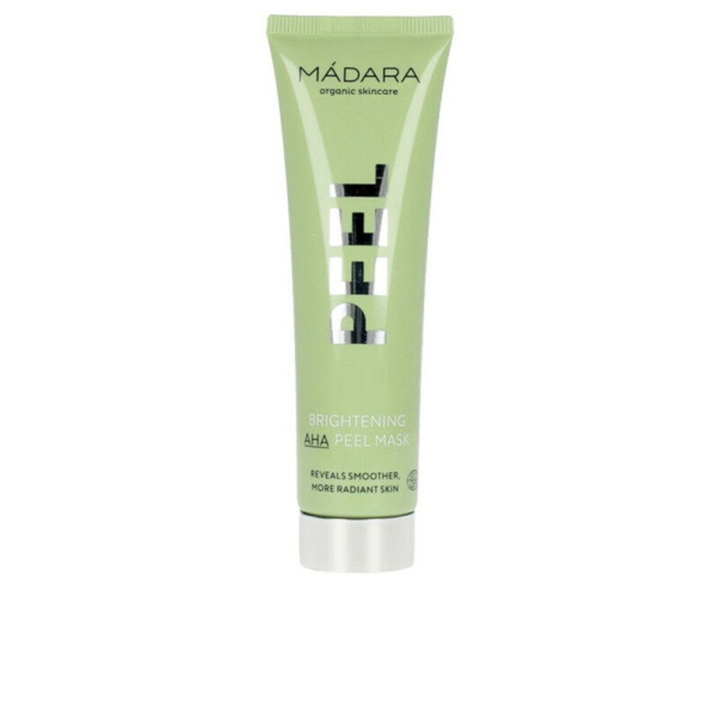 Grüne Tube mit Produktaufschrift. Marke: MÁDARA. Text: PEEL, Brightening AHA Peel Mask. Silberne Kappe.