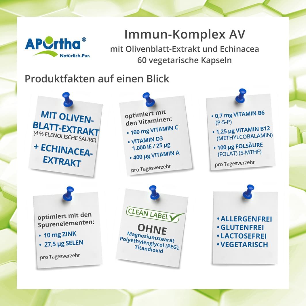 Notizzettel mit Produktinformationen. Enthält Olivenblatt-Extrakt, Echinacea, Vitamine und Spurenelemente. Ohne Zusatzstoffe.