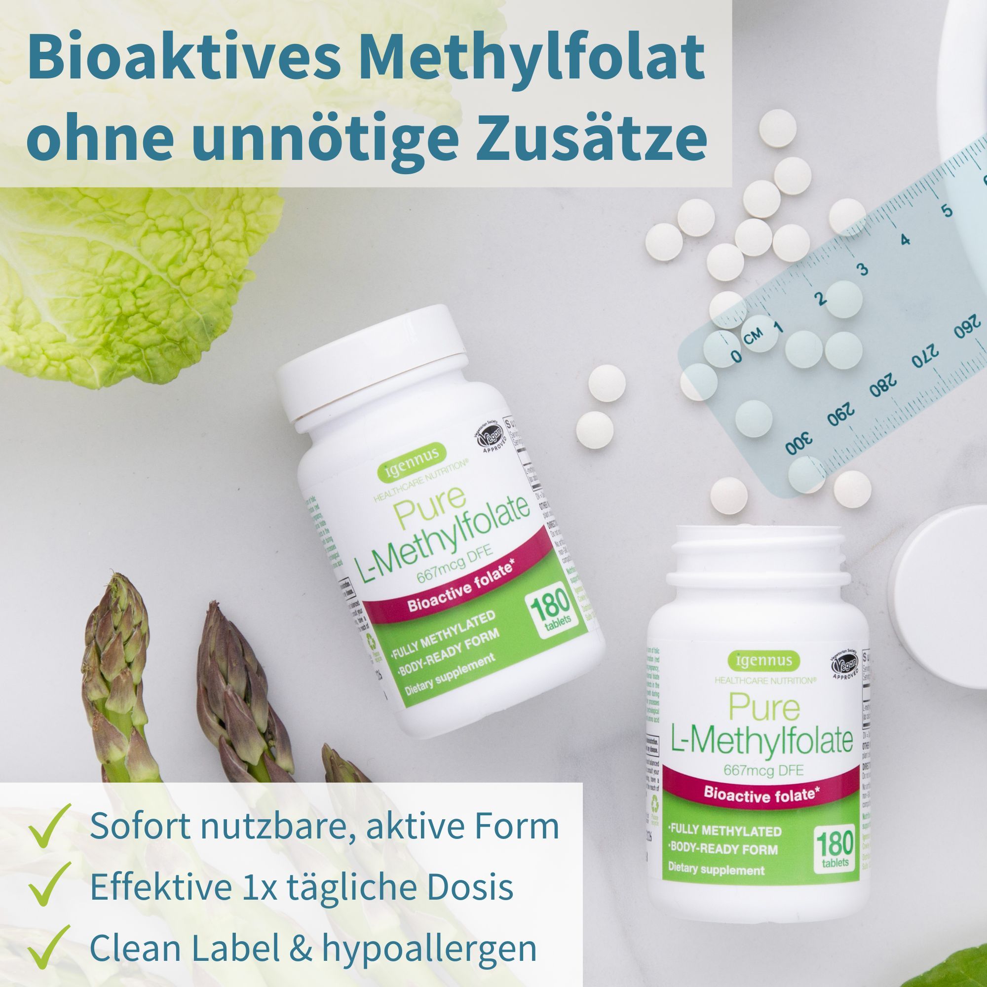 Zwei Igennus L-Methylfolat Flaschen, Spargel und Salat. Laborgeprüft.