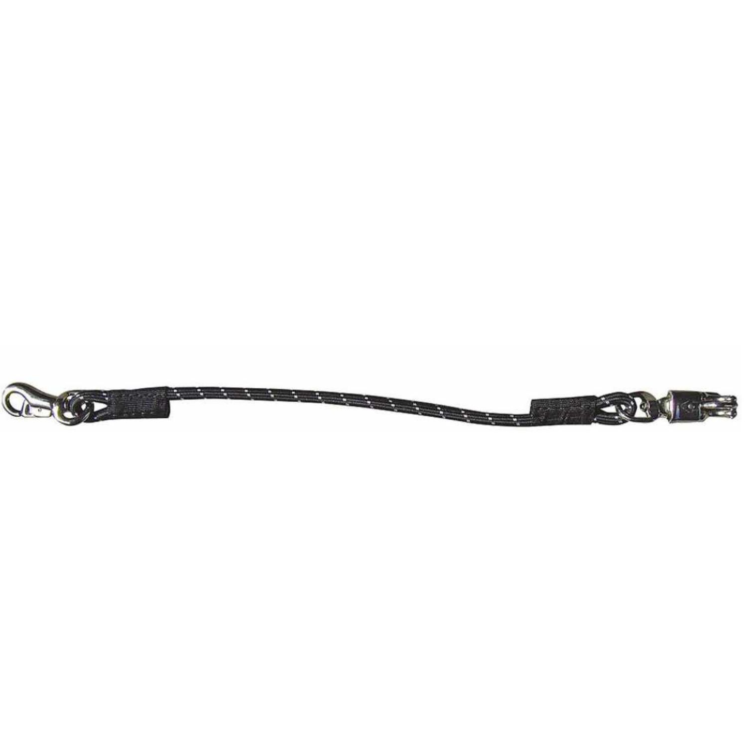 Schwarzer Elastik Anbinder mit Karabinerhaken und Drehverschluss.