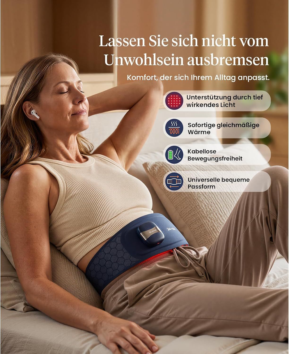Frau entspannt sich mit einem blauen Heizkissen, das Wärme und Licht abgibt.
