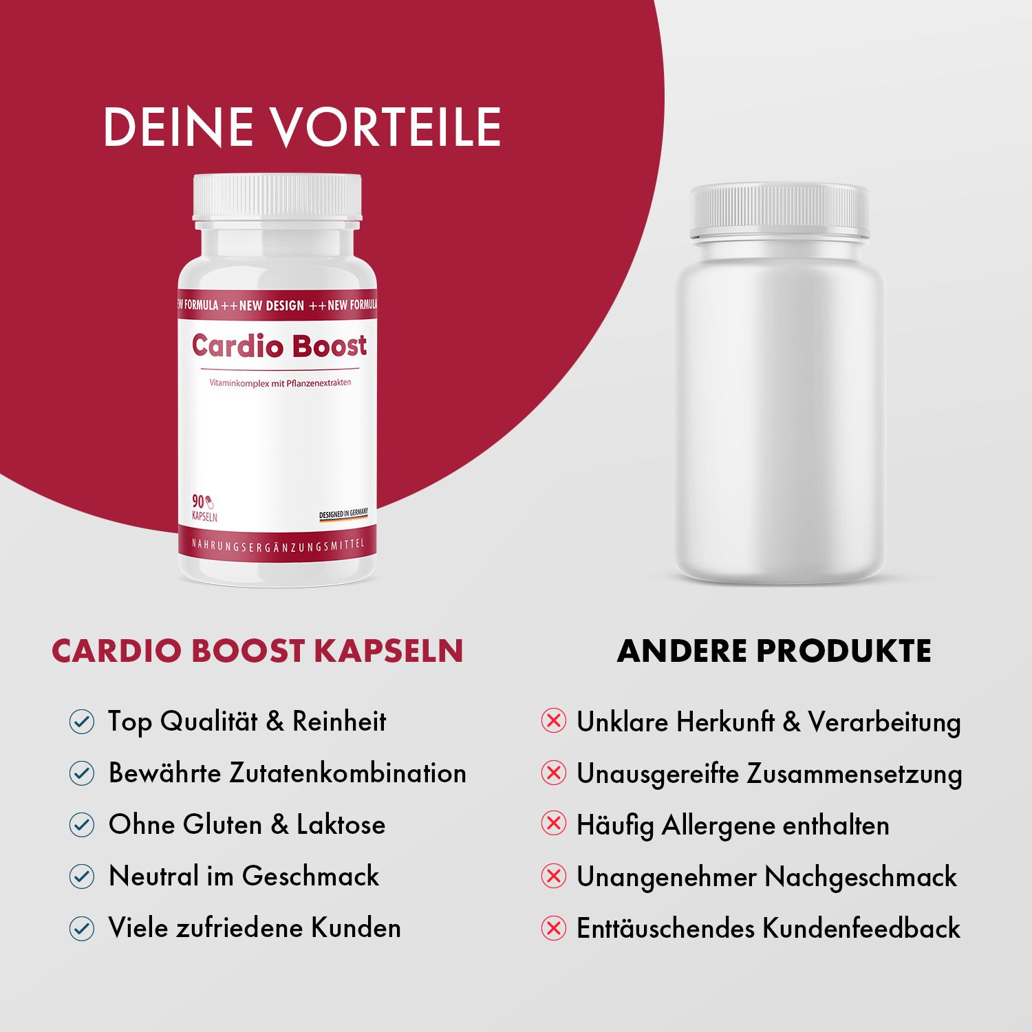 Cardio Boost Kapseln und Vergleichsprodukte. Vorteile: Top Qualität, bewährte Zutaten, ohne Gluten & Laktose, neutral im Geschmack, viele zufriedene Kunden.